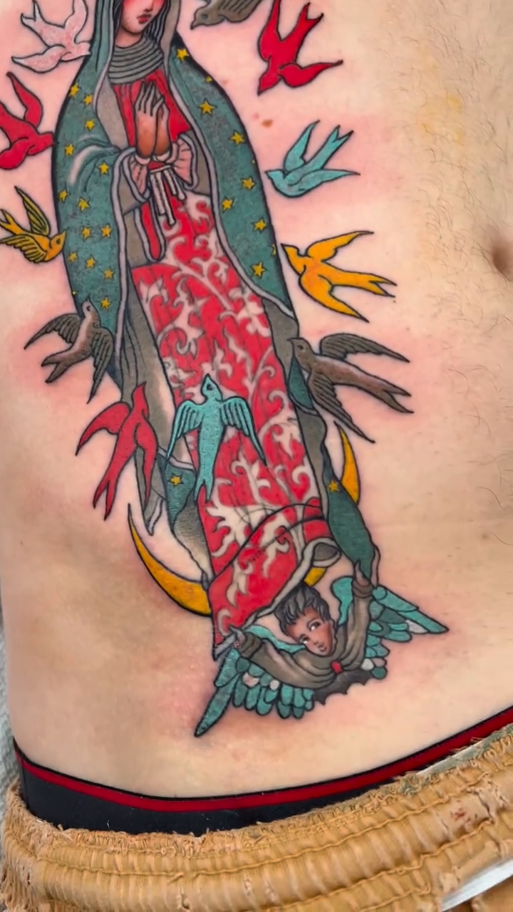 Virgin Mary with birds neo-traditional tattoo by superteal