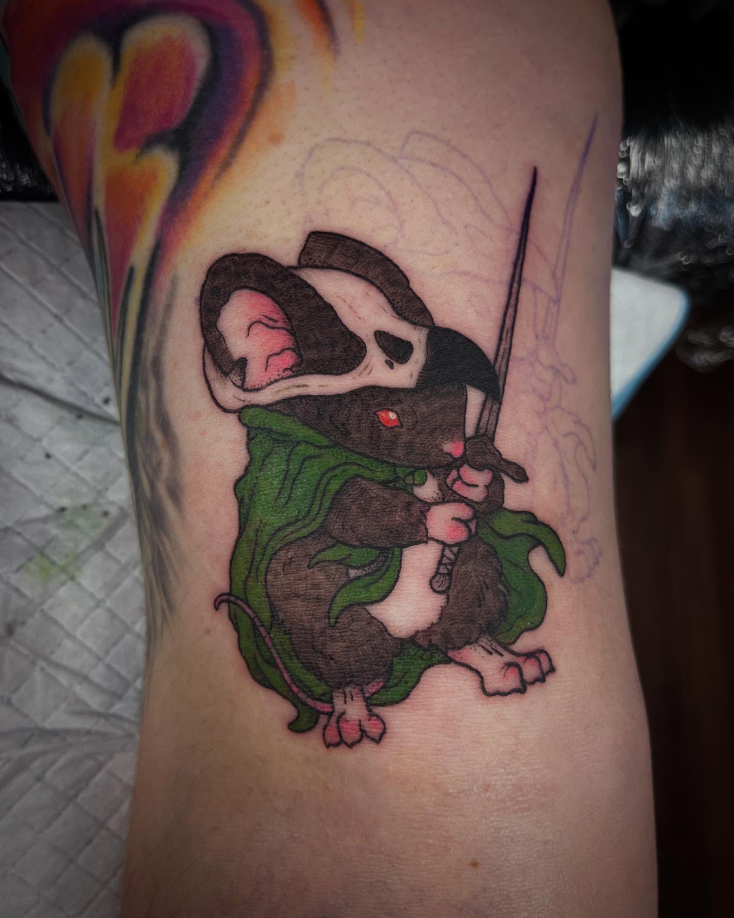 Mouse warrior illustrative tattoo on the forearm by Peach ๐, Portland, Oregon