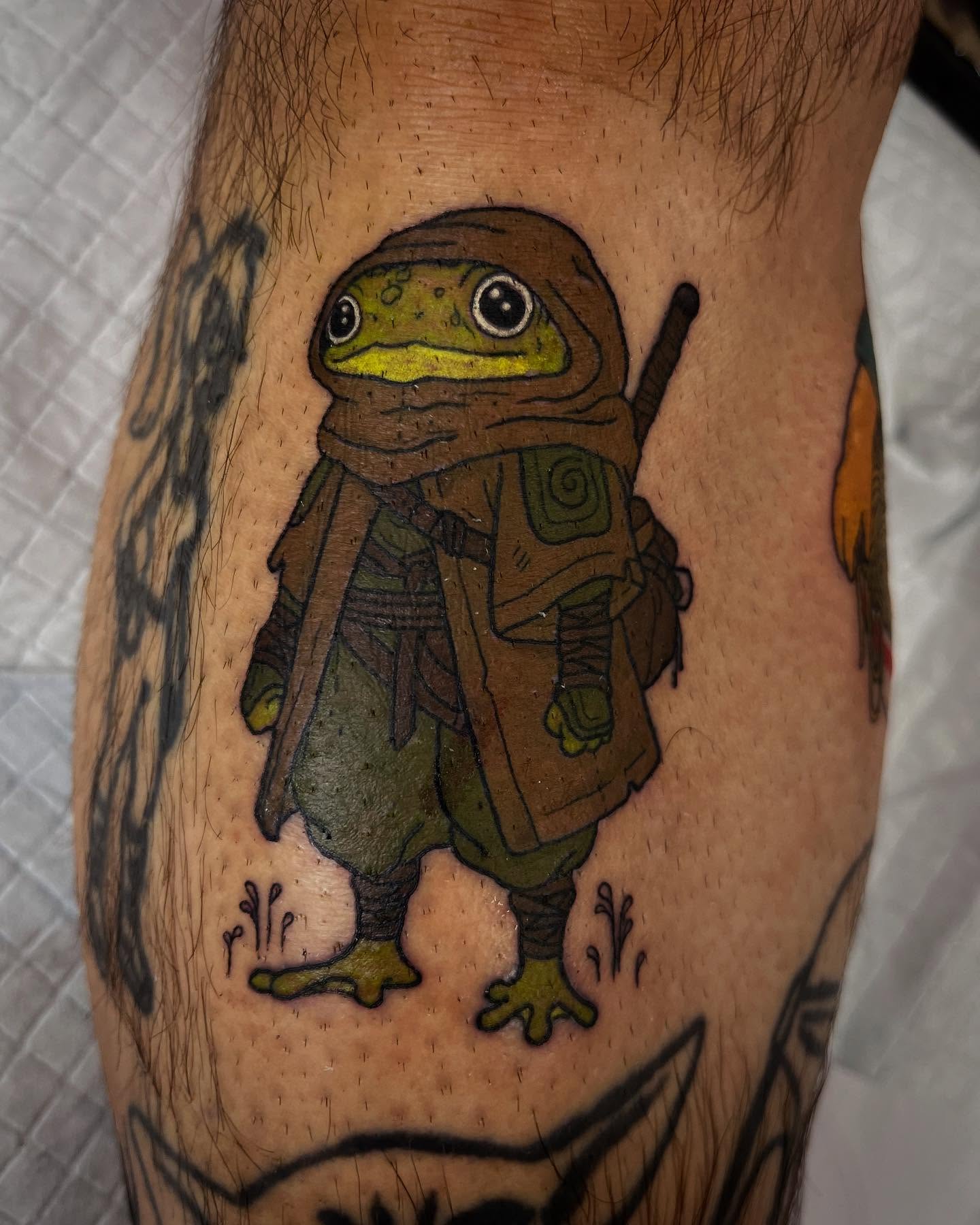 Frog warrior dotwork tattoo on the forearm by Peach ๐, Portland, Oregon