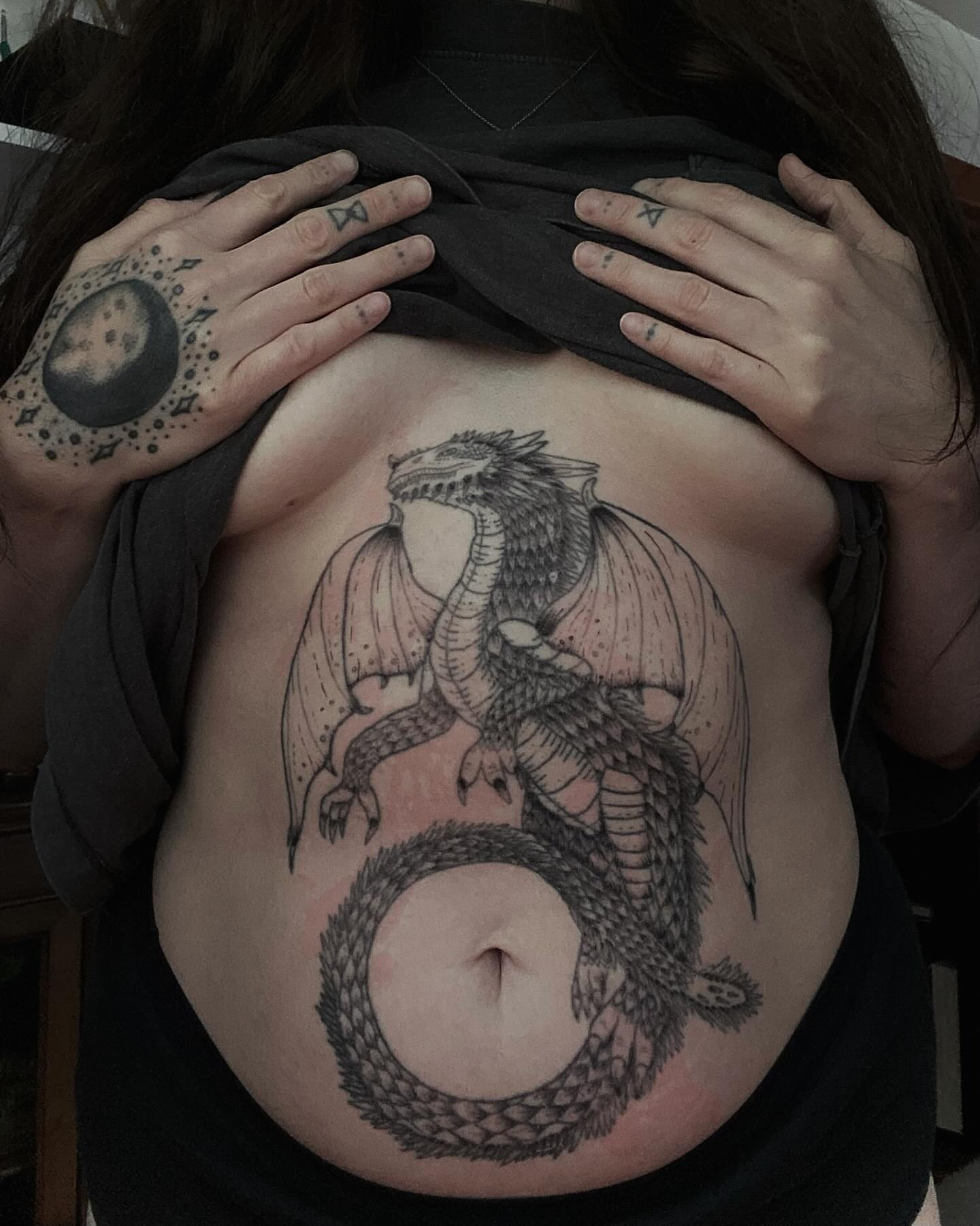 Dragon black and grey tattoo on the torso by Peach ๐, Portland, Oregon