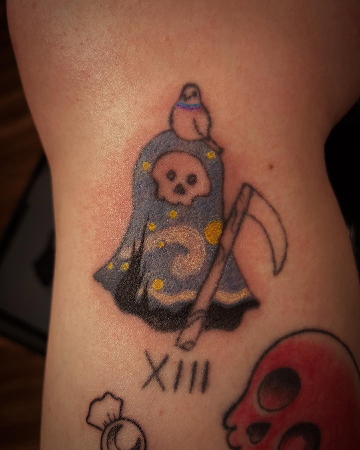Bell with skull dotwork tattoo on the thigh by Peach ๐, Portland, Oregon