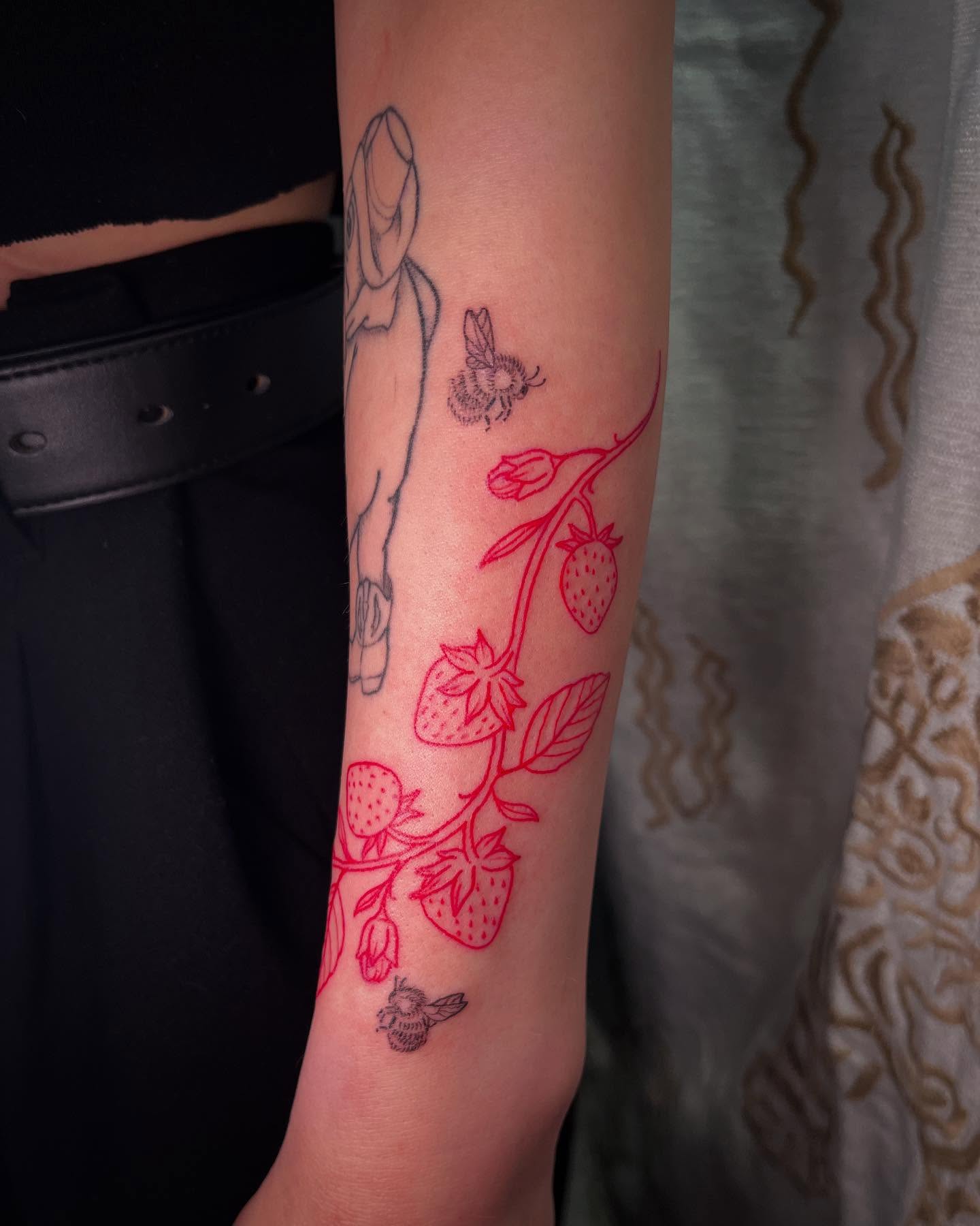 Strawberry vine fine line tattoo on the forearm by Peach ๐, Portland, Oregon