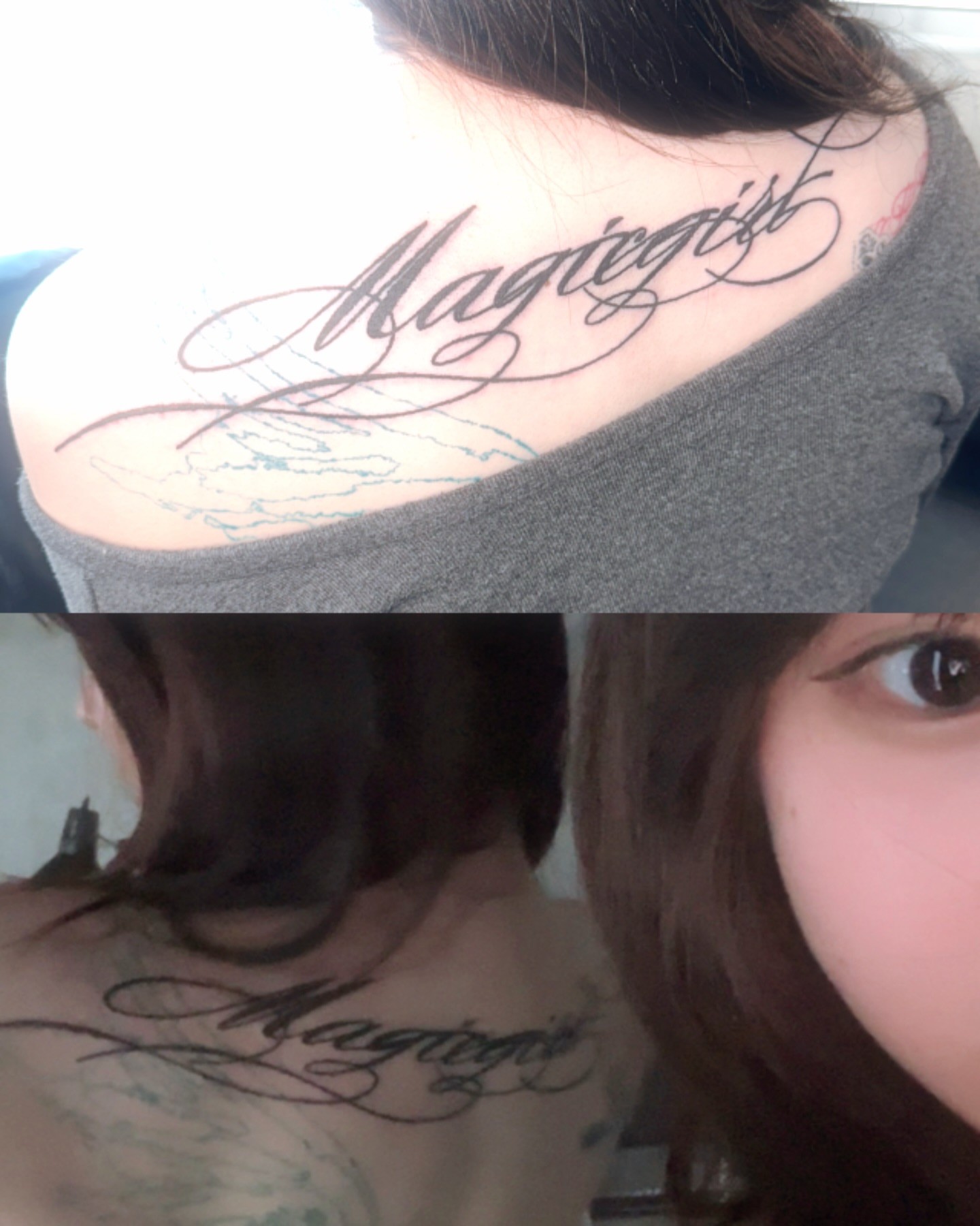 Magician lettering script tattoo on the neck by eyeball