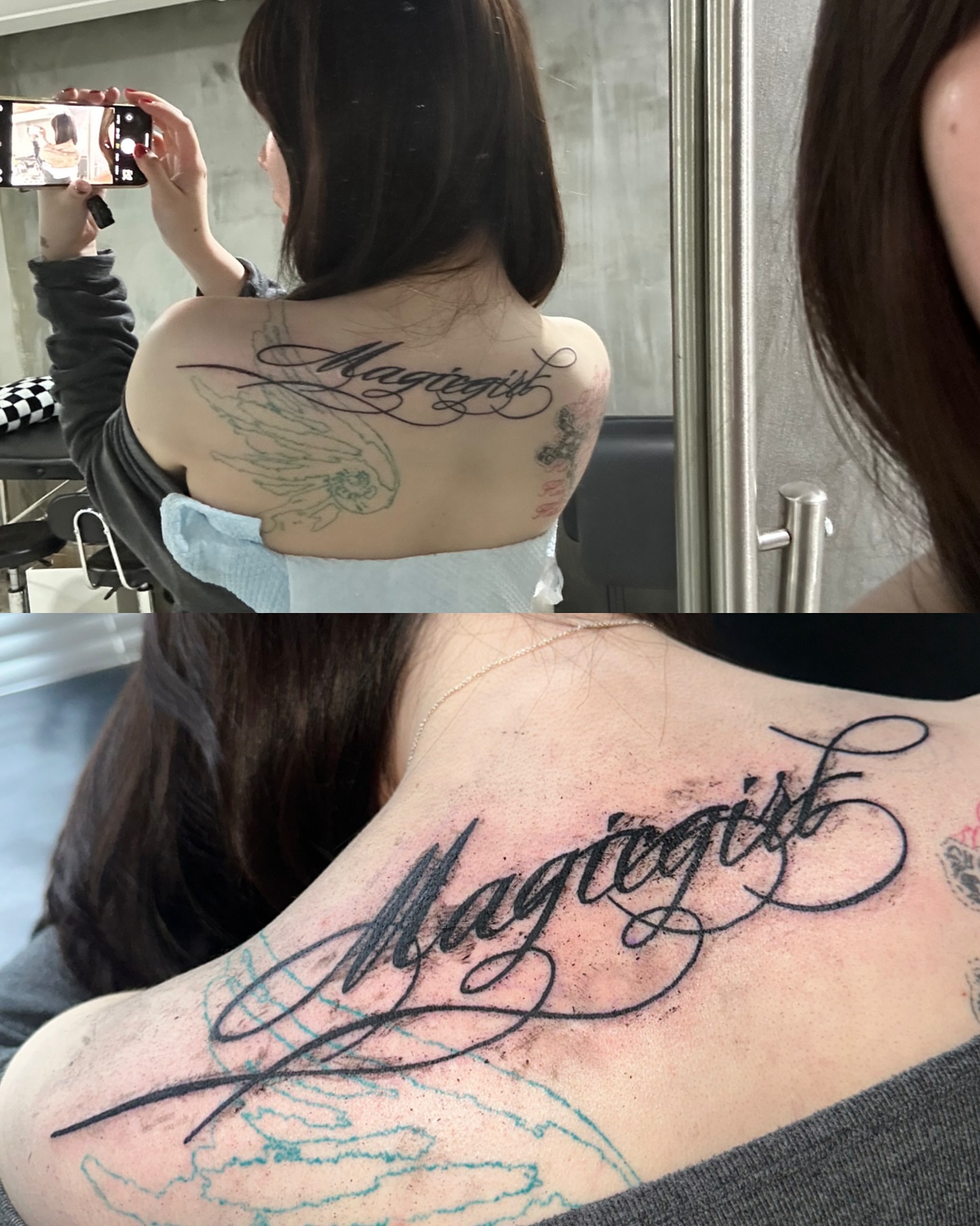 Magigirl lettering script tattoo on the shoulder by eyeball