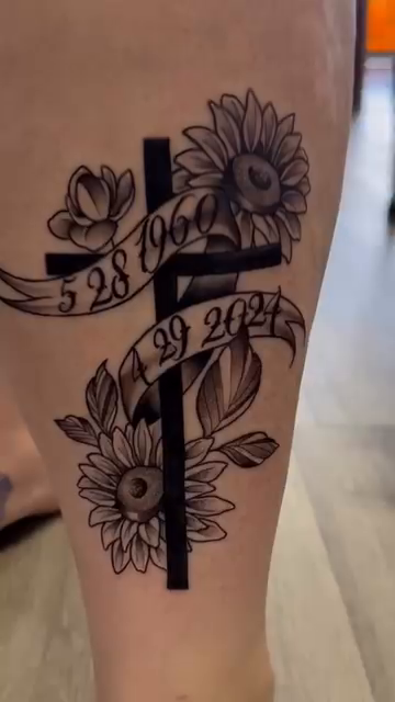 Cross with flowers and dates realism tattoo by Steve