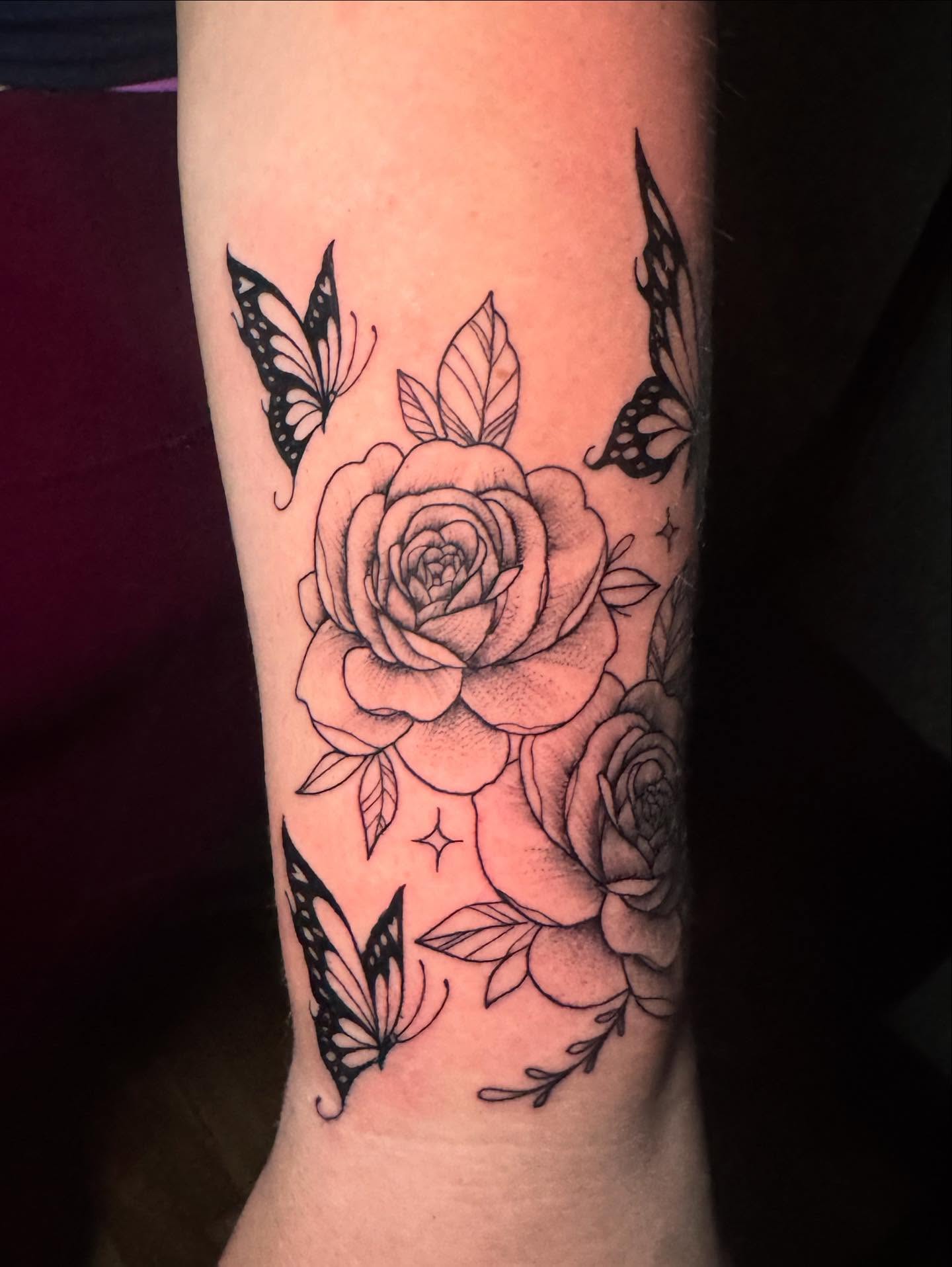 Roses and butterflies realism tattoo on the forearm by Breanna💉🔮, Dover, Delaware