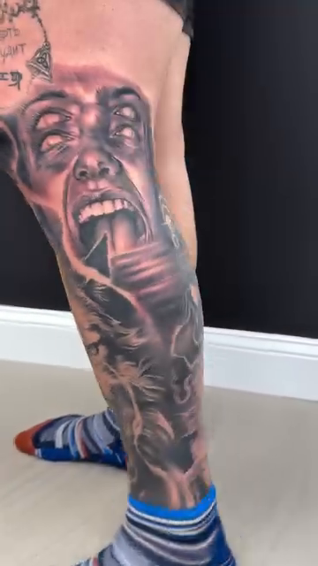 Screaming face and demonic figures dark realism tattoo by Steve Bishov