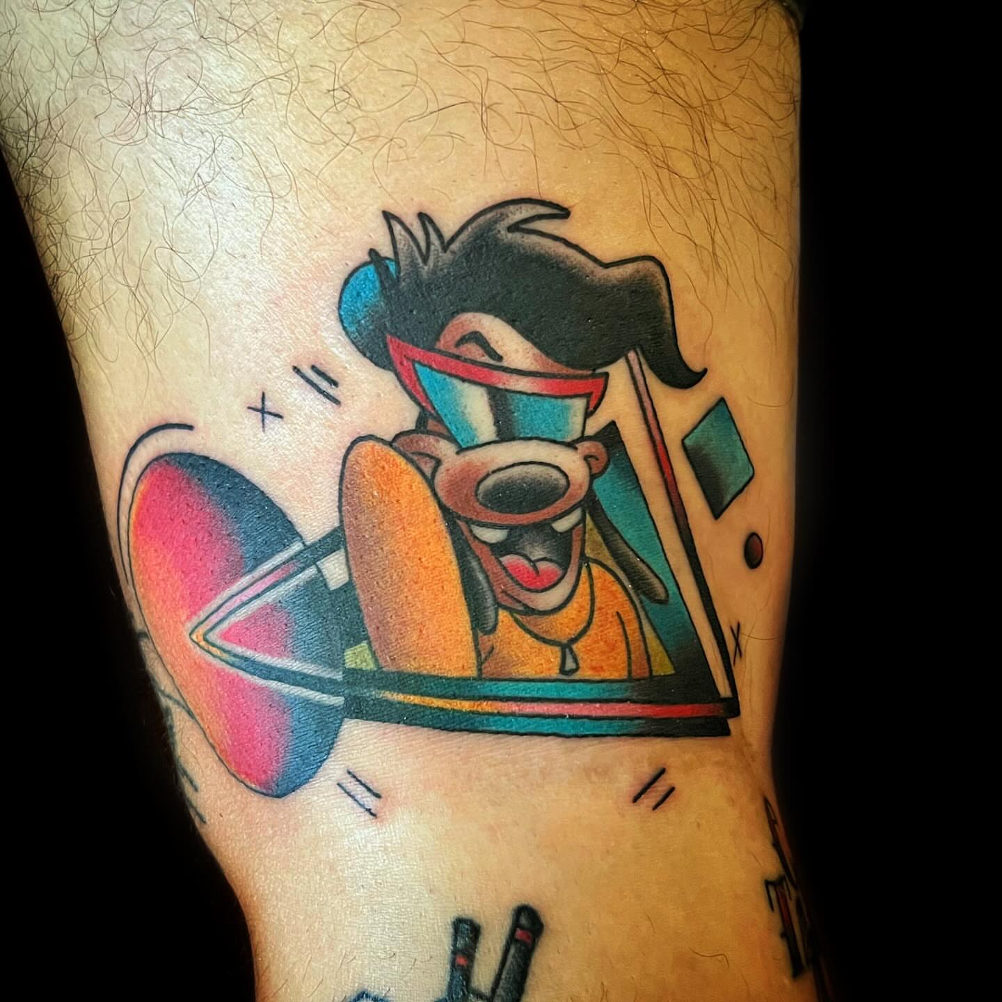 Dino in space American traditional tattoo on the forearm by @sloanxkettering
