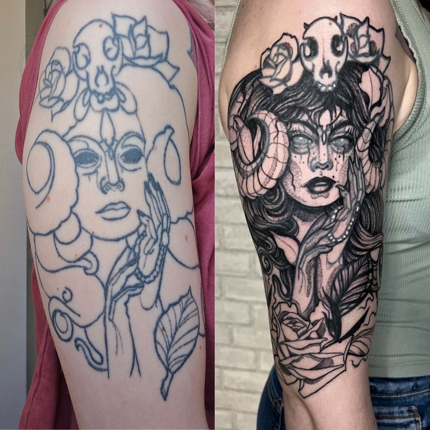 Woman with skull crown dotwork tattoo on the forearm by amanda malia wega