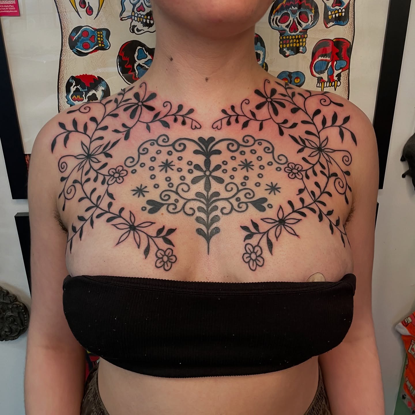 Floral heart Chicano tattoo on the chest by เผ เผถ ๐ฐ๐๐๐๐๐๐ เผถ ๐๐๐ถ เผถ เผ