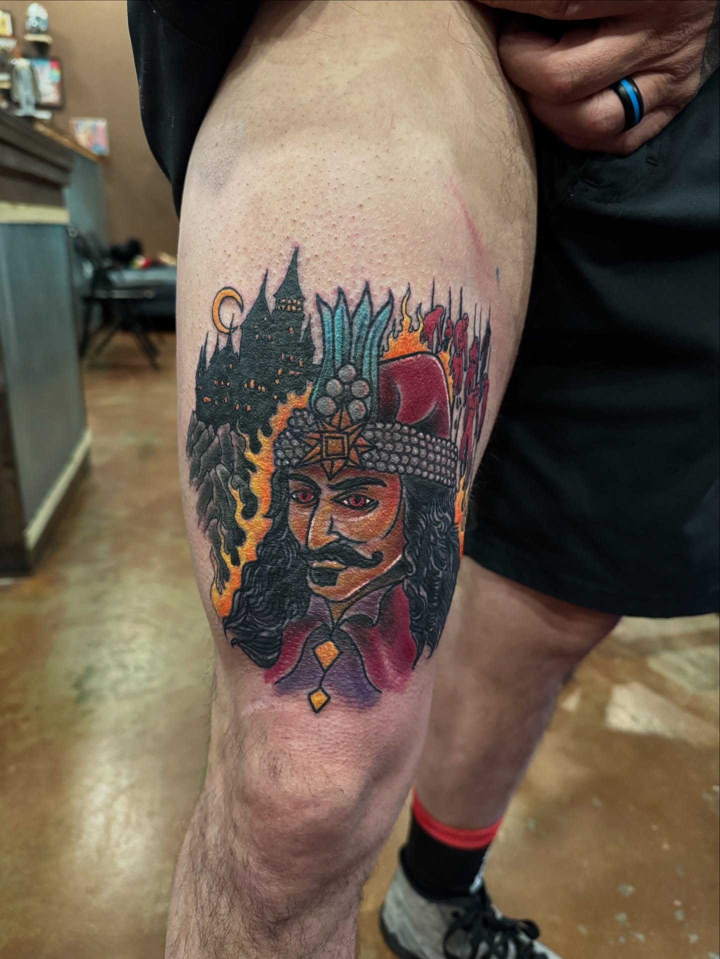 Medieval warrior realism tattoo on the thigh by David C. McGhee