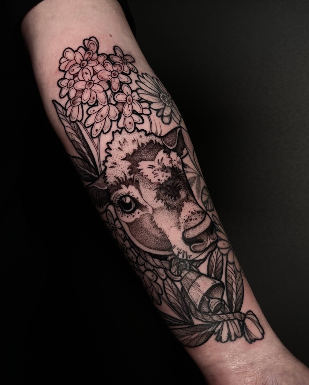 Sheep dotwork tattoo on the forearm by H A N N A H, Colorado Springs, Colorado