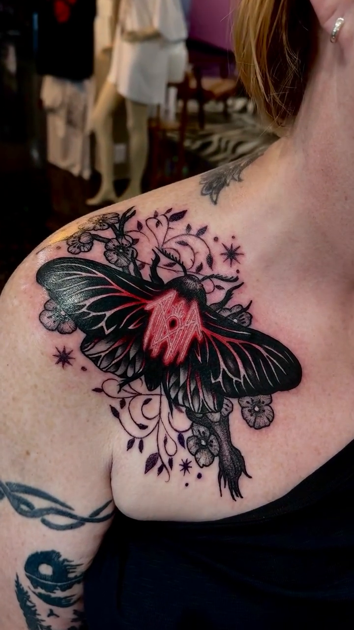 Moth with floral elements neo-traditional tattoo by Kyle Giffen - Tattoo Artist