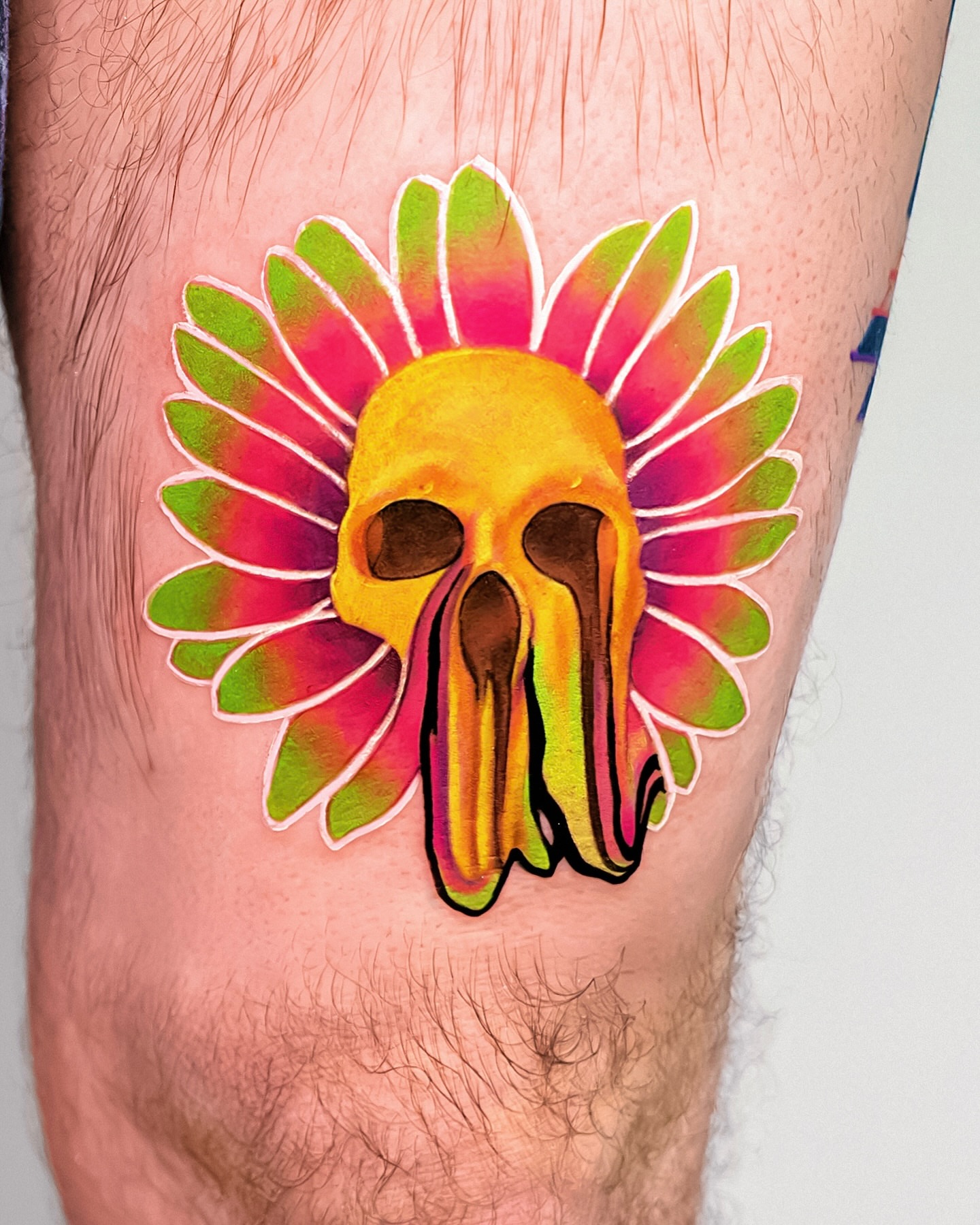 Skull with flower new school tattoo on the thigh by ＳＥＲＧＥＩ ＪＡＥＲ [ˈʤeɪər]