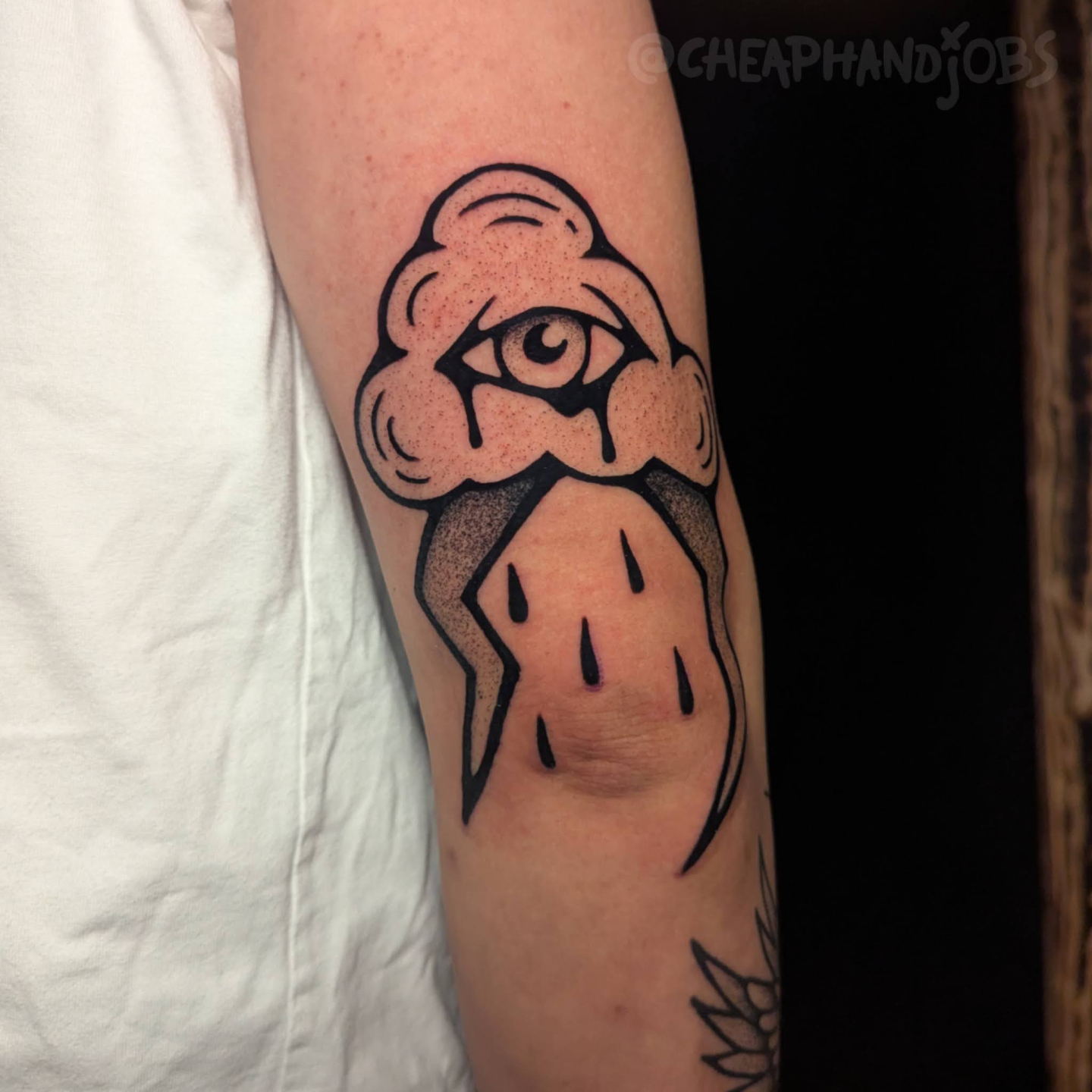 Tearful cloud dotwork tattoo on the forearm by @cheaphandjobs, Leipzig, Germany