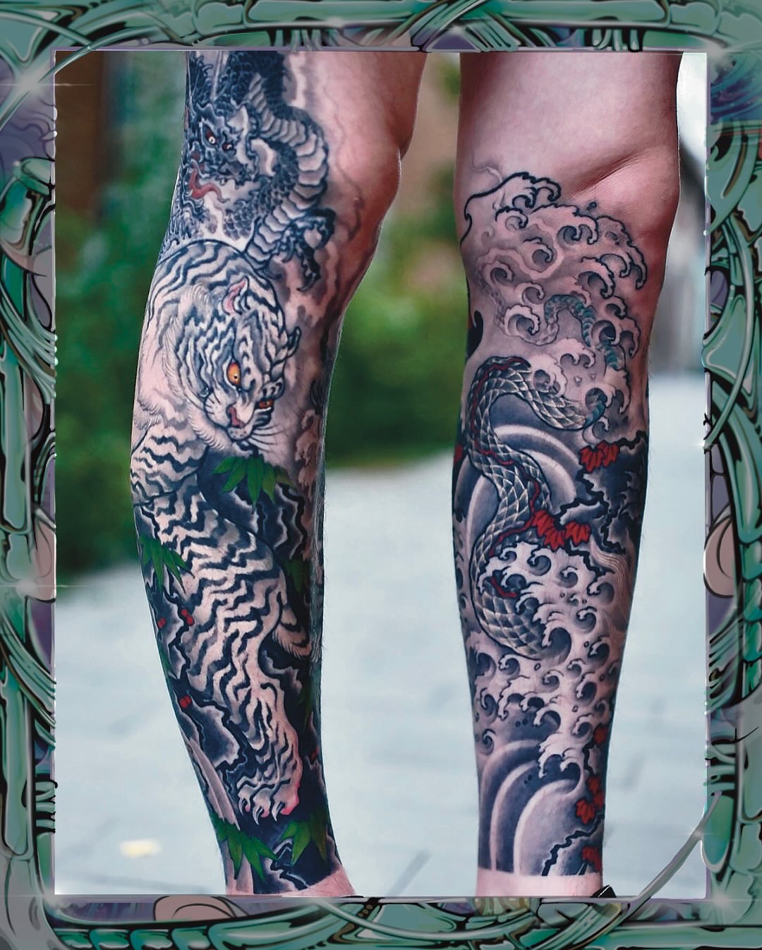 Tiger and dragon japanese irezumi tattoo on the calf by Scienz 九卦刺青