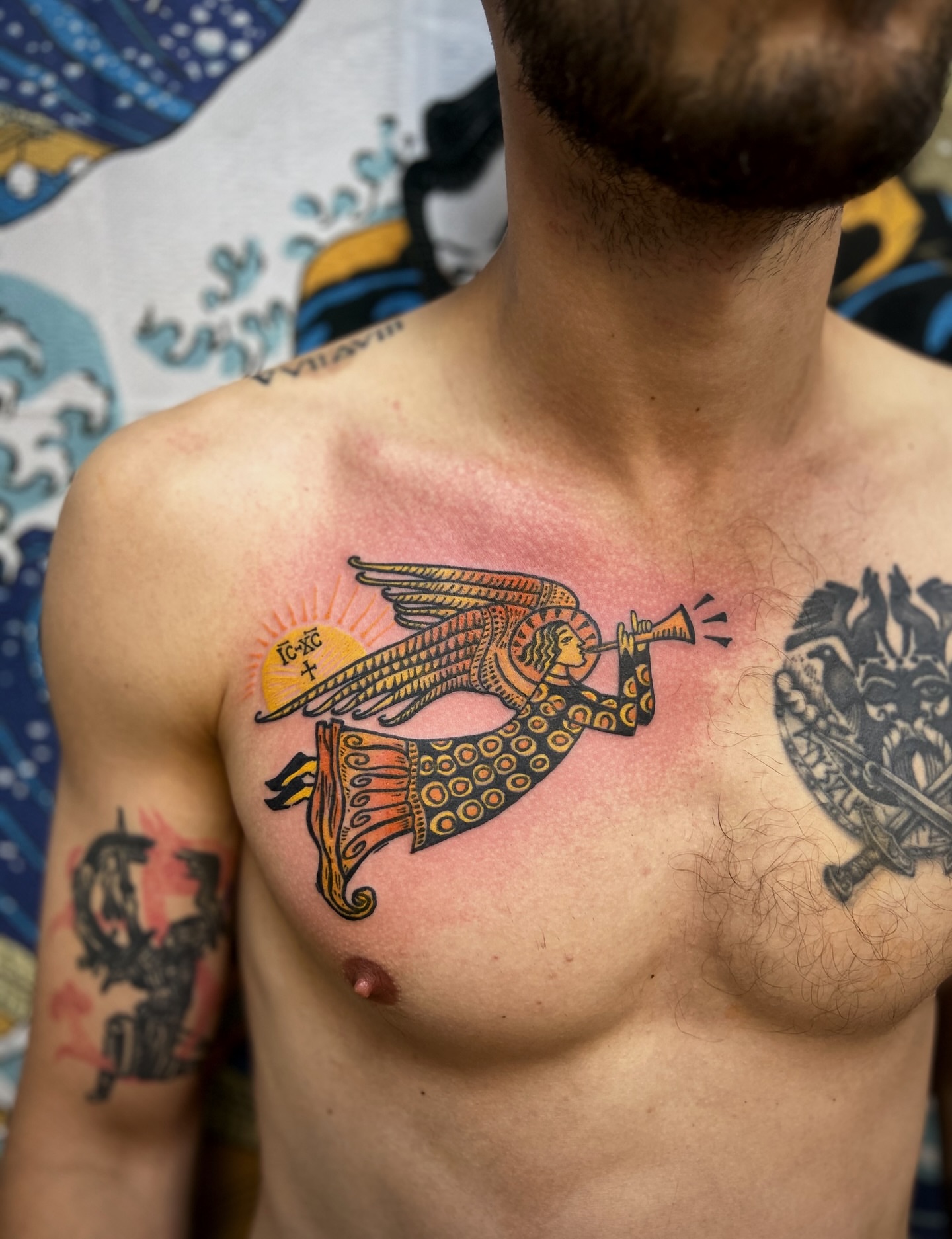 Angel with trumpet American traditional tattoo on the chest by Comastein__________✍🏼️