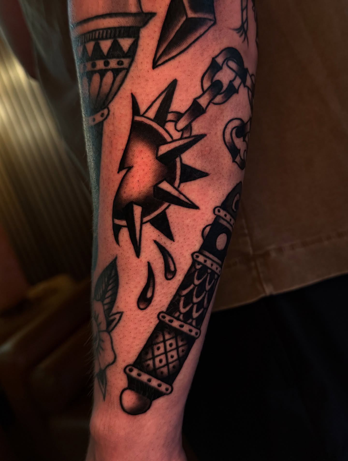 Star and dagger American traditional tattoo on the forearm by Cory Allen
