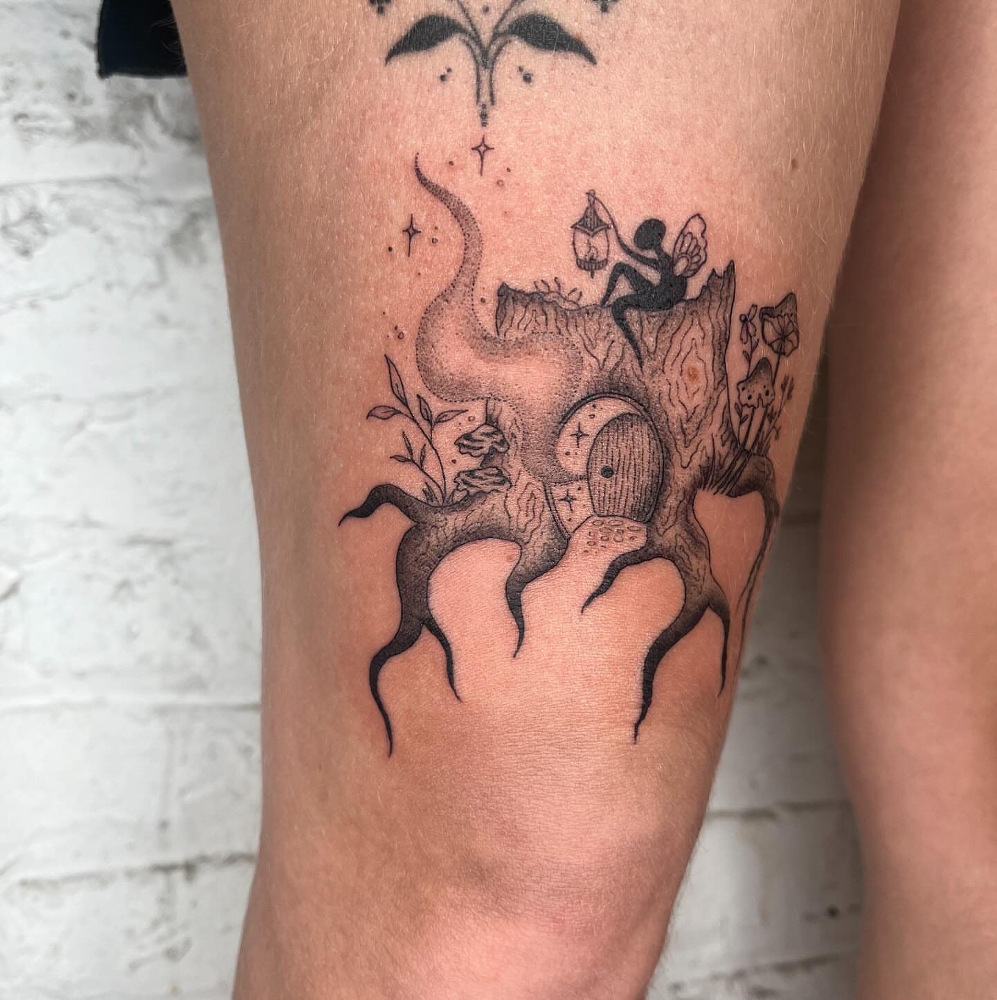 Fairy and tree dotwork tattoo on the thigh by 𝔇𝔢𝔰𝔦