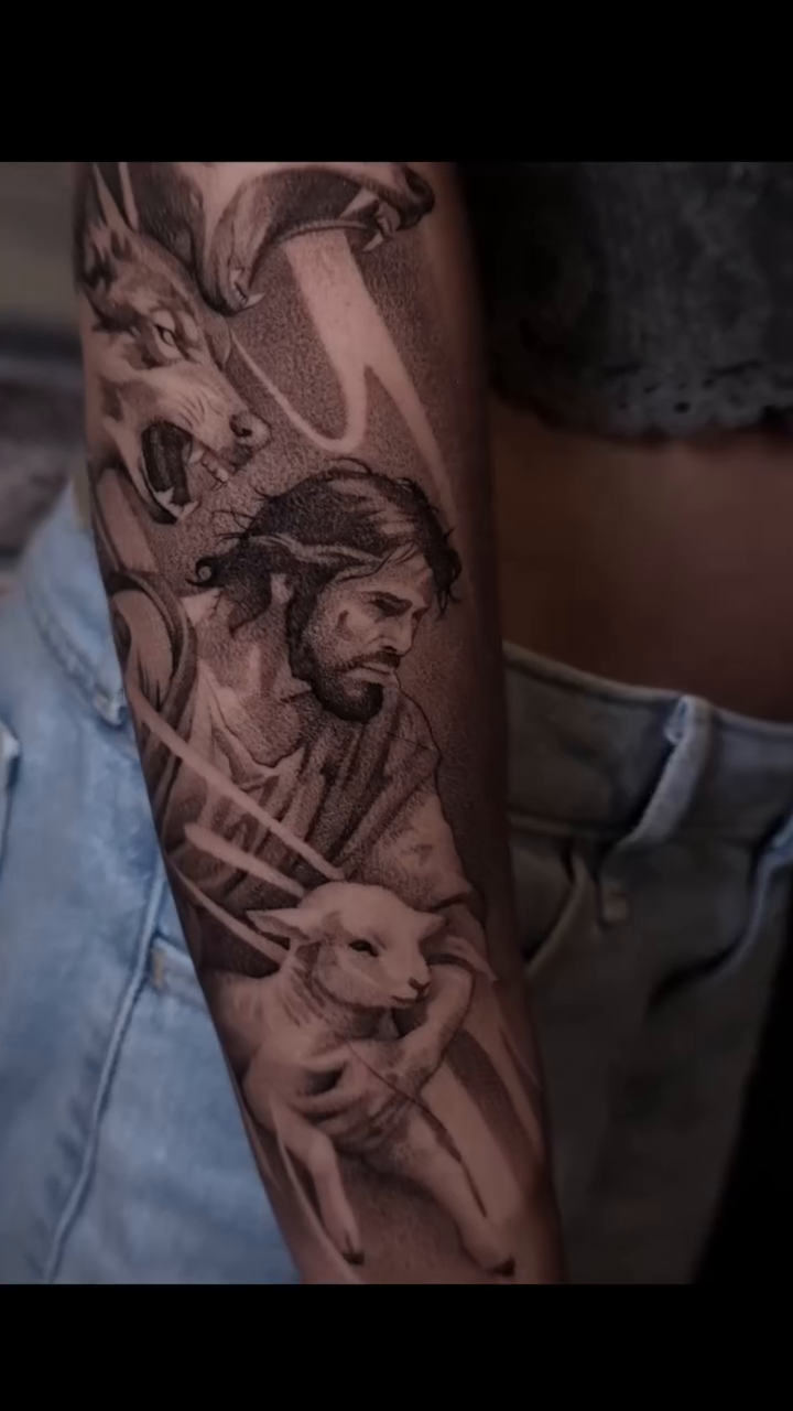 Jesus and lambs realism tattoo by Ana Fajardo