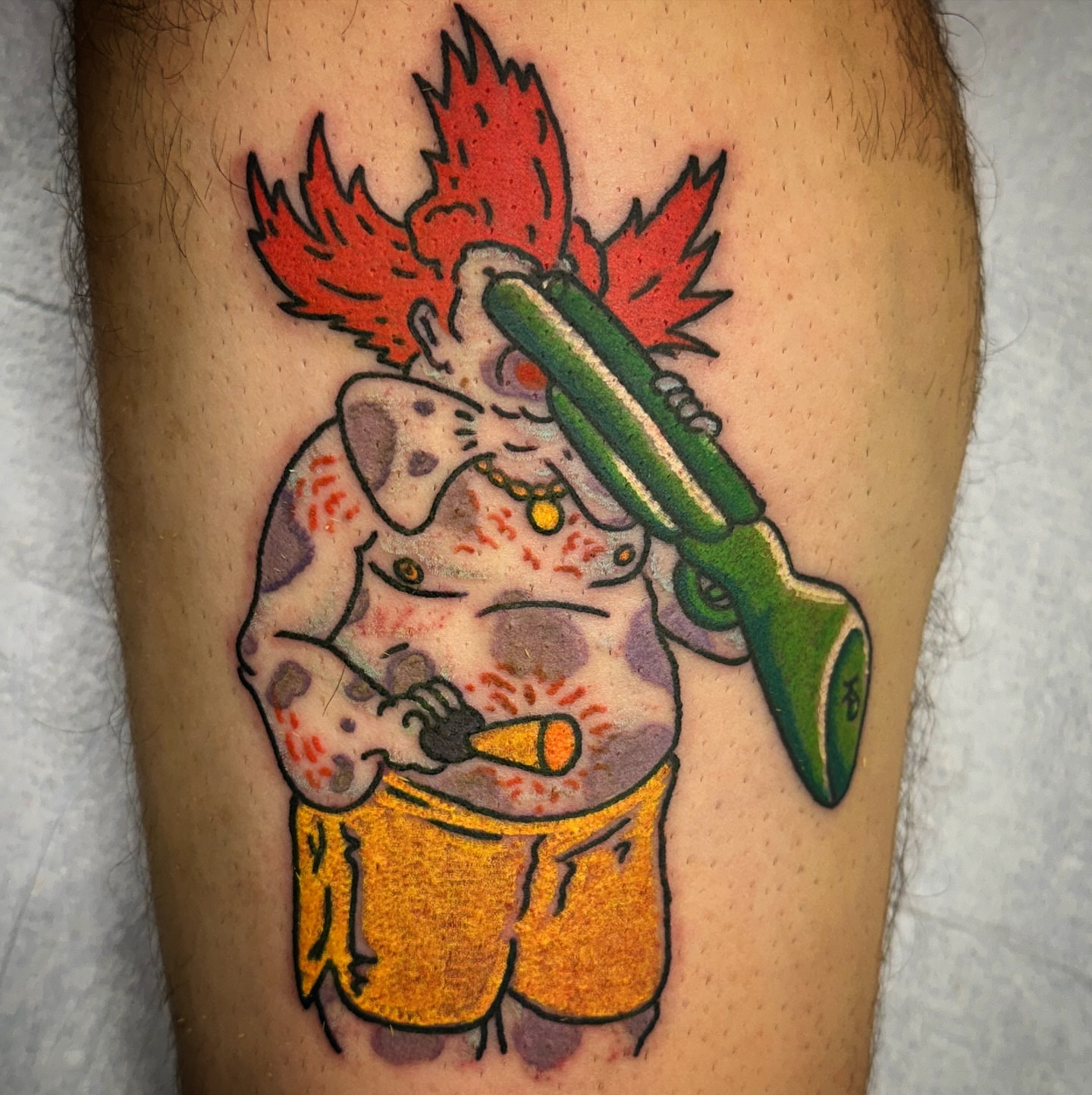 Elephant with cactus trash polka tattoo on the thigh by Chris Blanchard