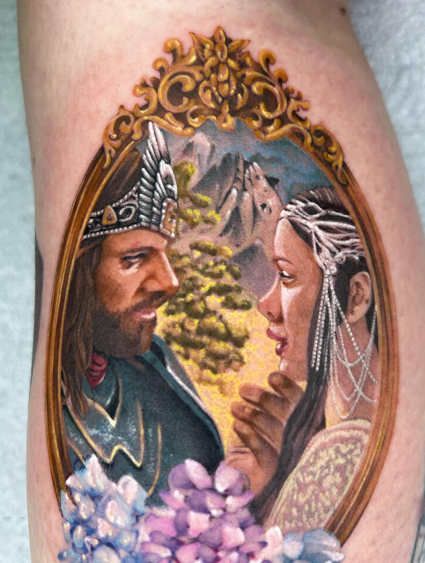 Romantic couple realism tattoo on the thigh by Severin Black