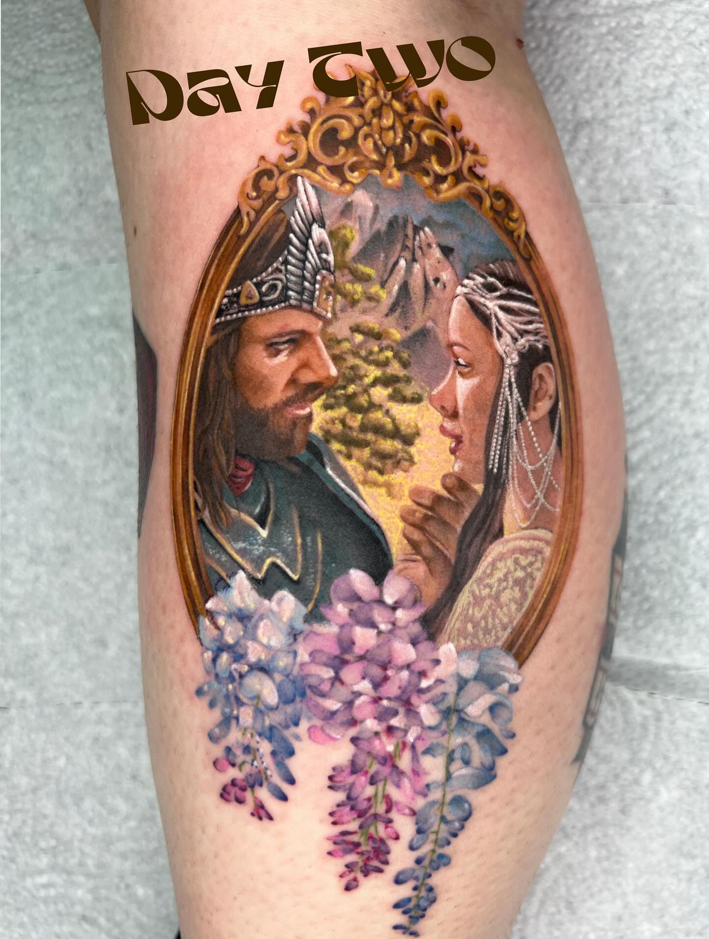 Romantic couple realism tattoo on the thigh by Severin Black