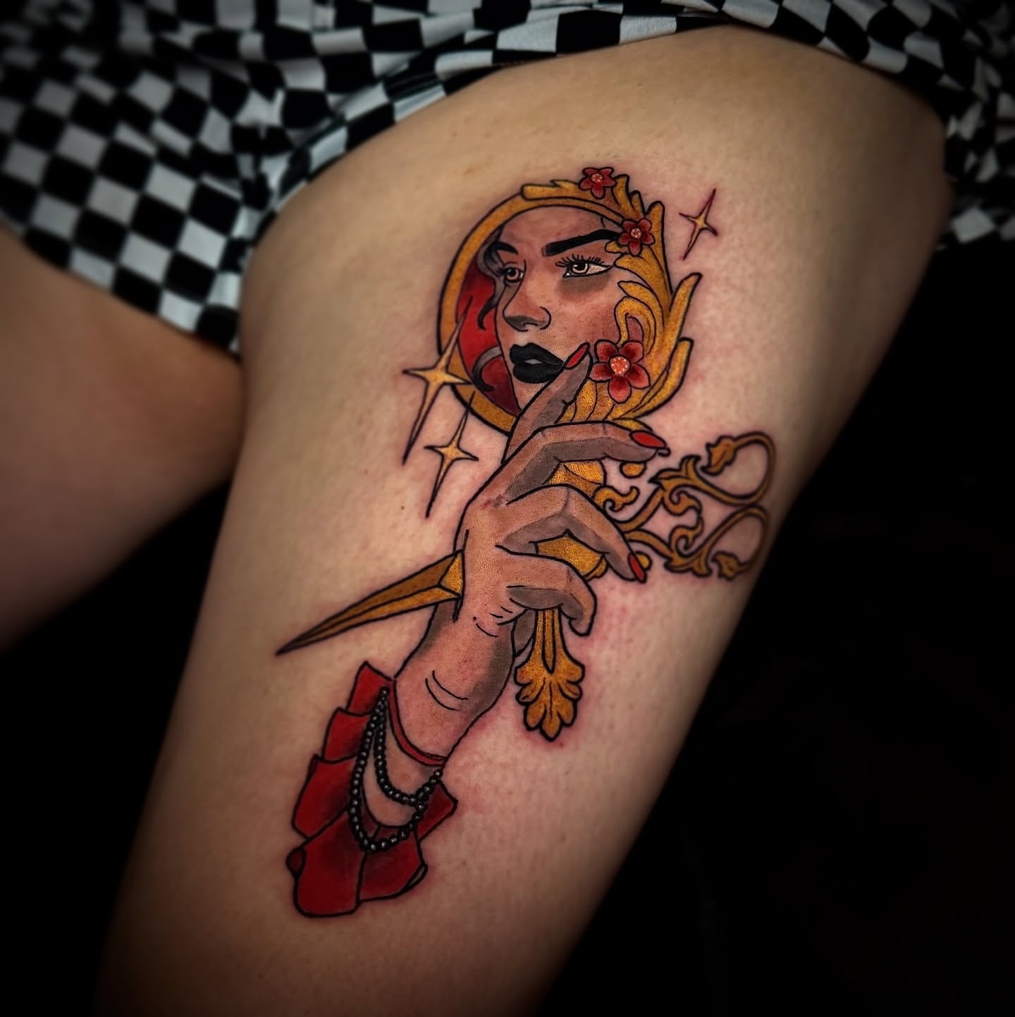 Woman with sword American traditional tattoo on the thigh by ๐๐ฌ๐ฐ๐ฅ ๐๐ฌ๐ฌ๐ซ