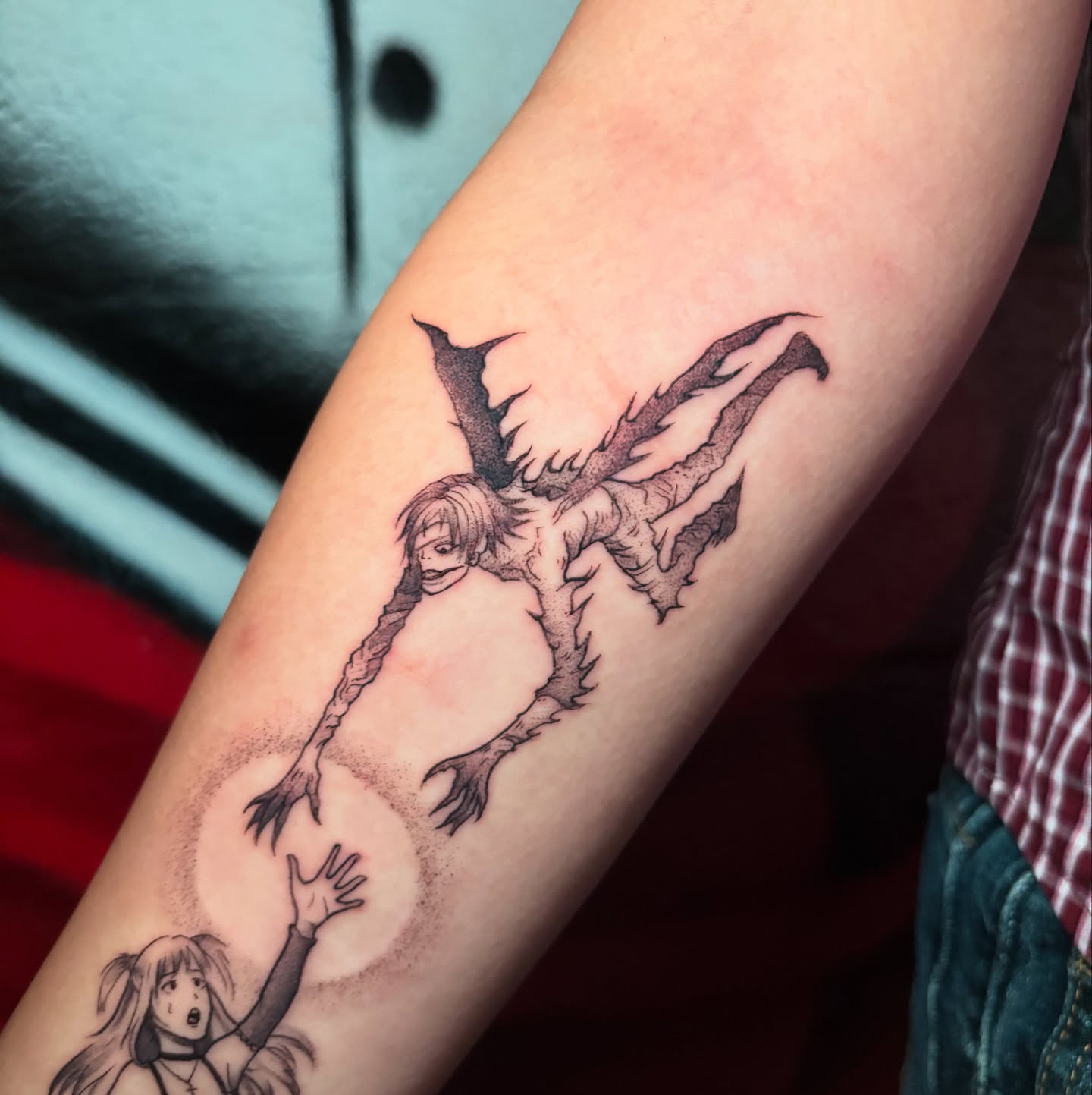 Demon and girl dotwork tattoo on the forearm by 𝕊𝕒𝕞 ☪︎ ִ ࣪𖤐 𐦍 ☾𖤓