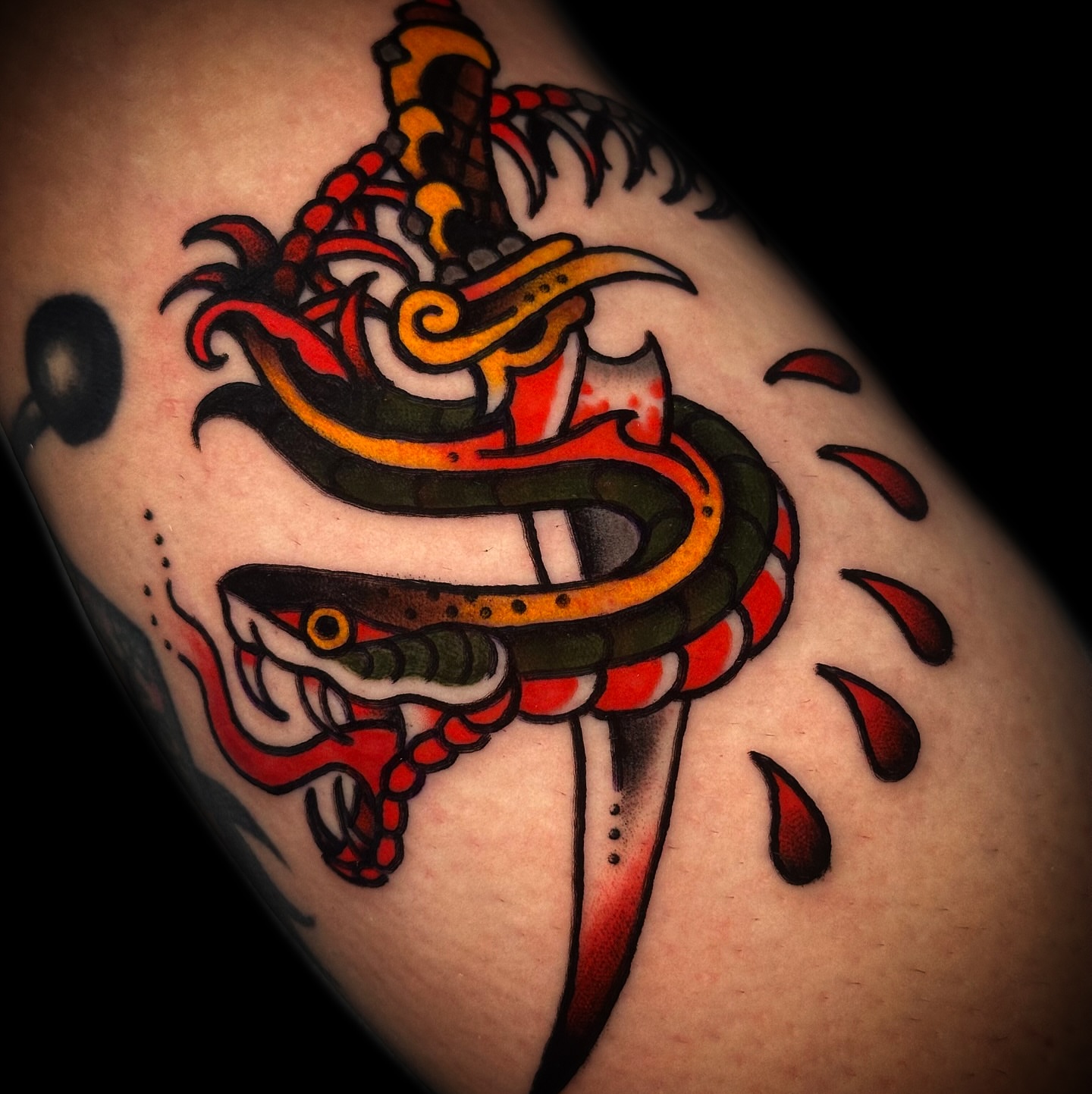 Snake American traditional tattoo on the upper arm by Danny Reis