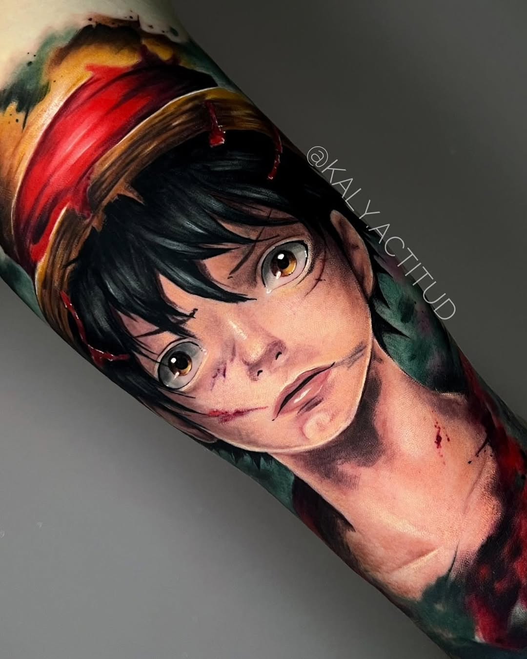 Monkey D. Luffy portrait anime tattoo on the forearm by Kaly, Manhattan, NYC