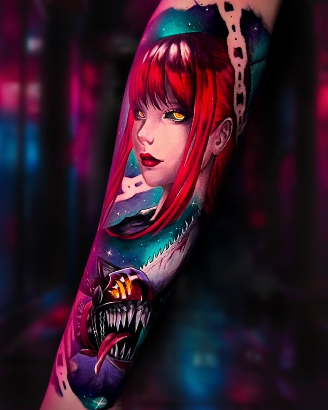 Makima and Chainsaw Man neo-traditional tattoo on the forearm by Kaly, Manhattan, NYC