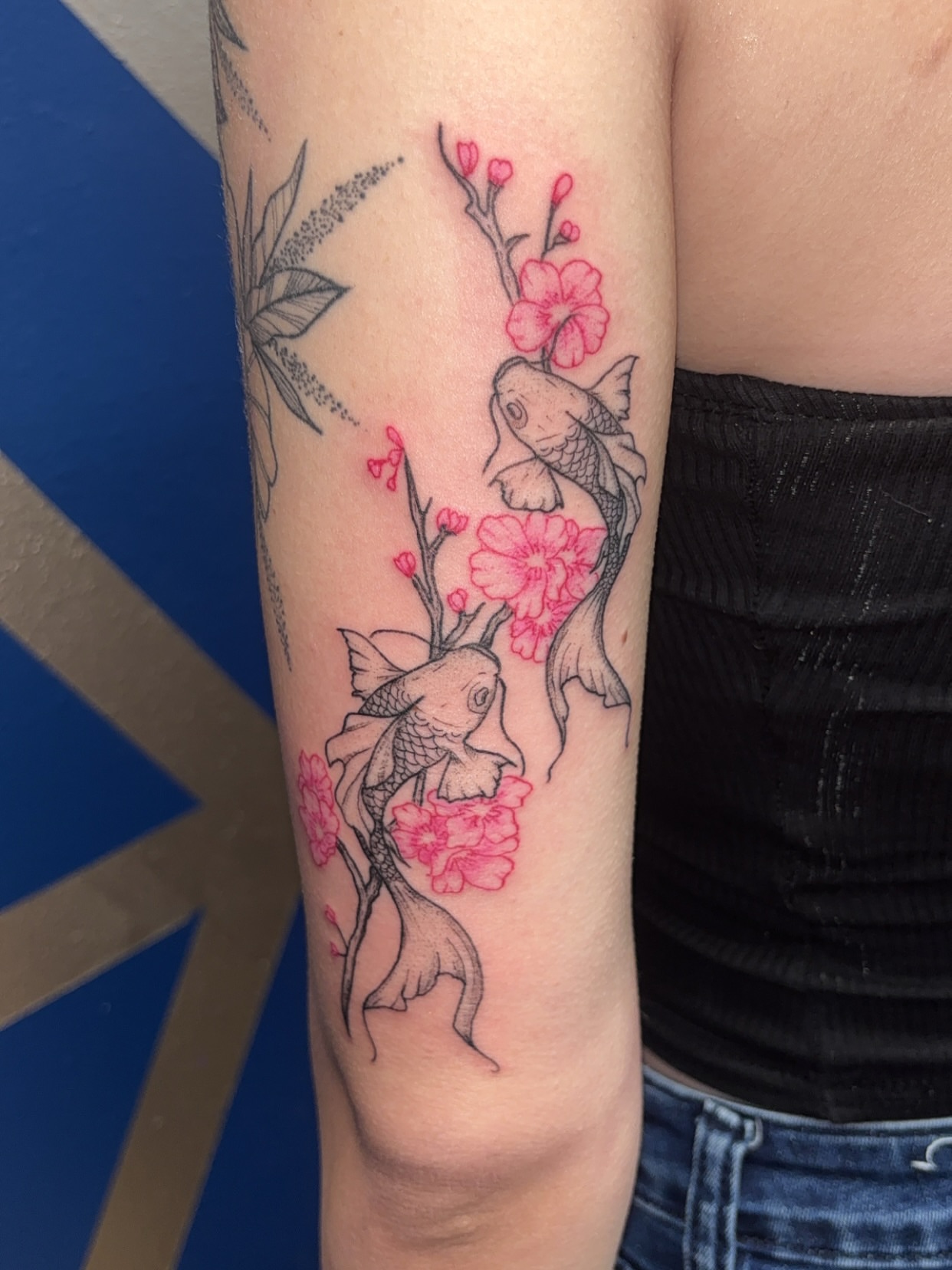 Koi fish and cherry blossoms japanese irezumi tattoo on the forearm by ✨Cyerra Lynne✨