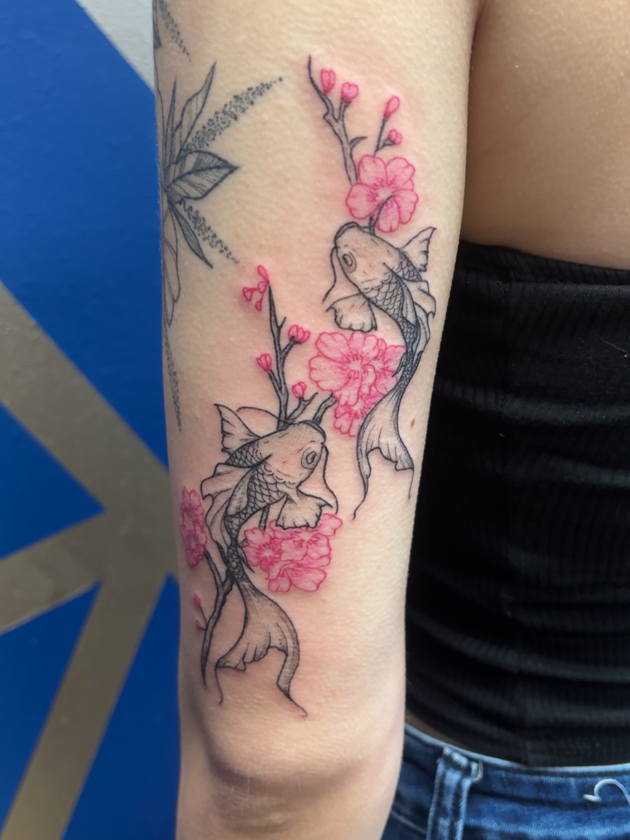 Koi fish and cherry blossoms japanese irezumi tattoo on the forearm by ✨Cyerra Lynne✨