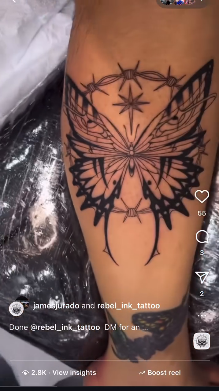 Butterfly with geometric elements fine line tattoo by James Jurado