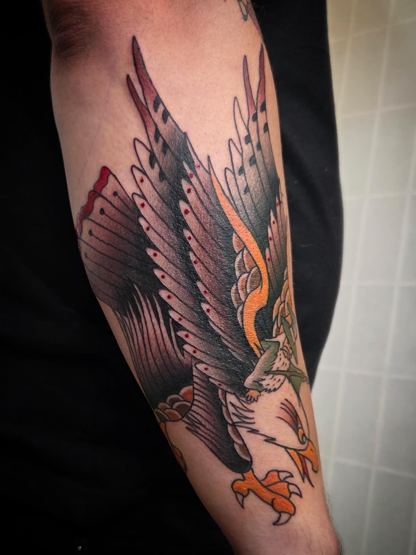 Eagle American traditional tattoo on the forearm by Tattoos by Dale Hupke, Lebanon, Ohio