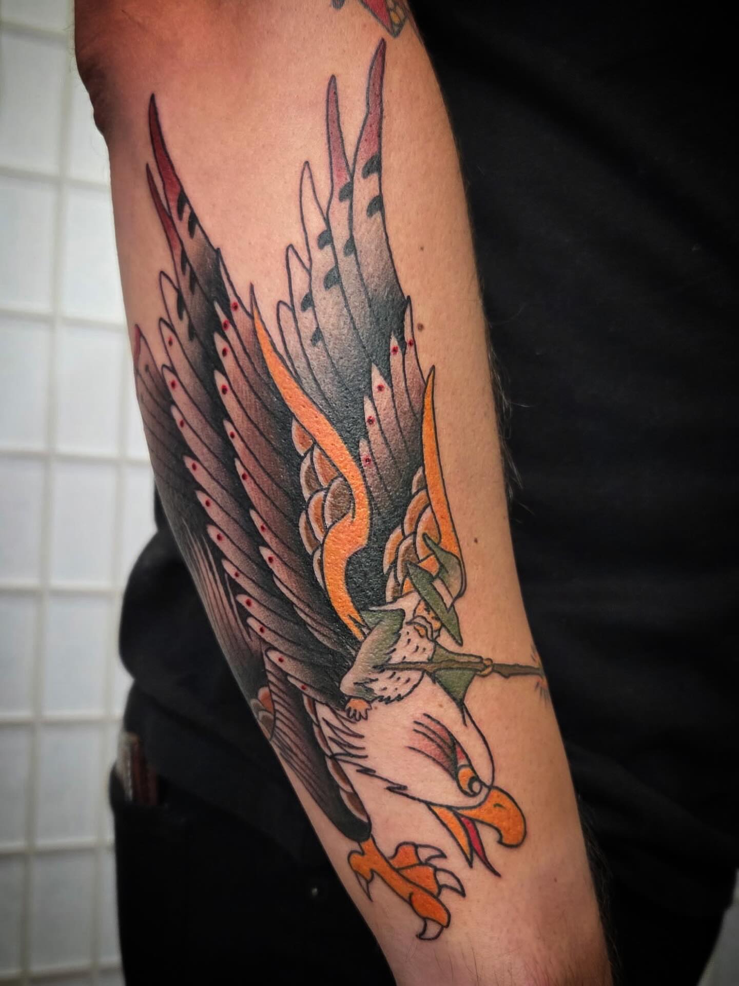 Eagle American traditional tattoo on the forearm by Tattoos by Dale Hupke, Lebanon, Ohio
