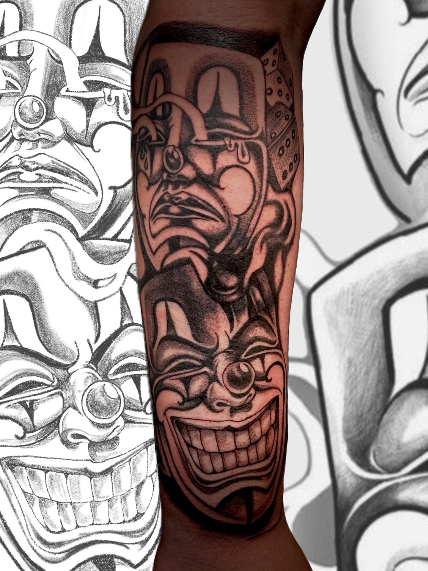 Clown mask black and grey tattoo on the forearm by Виктория Лукьянова