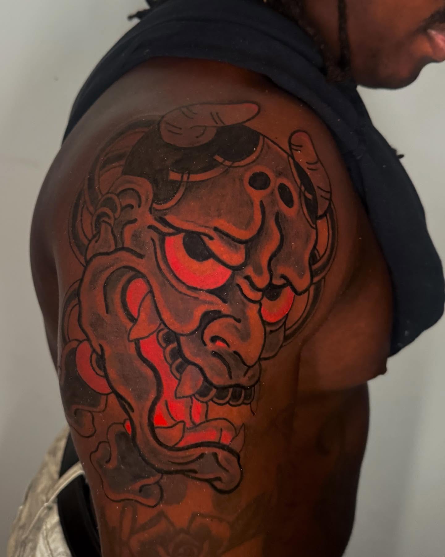 Demon mask japanese irezumi tattoo on the shoulder by Mr Nikita, New York, New York