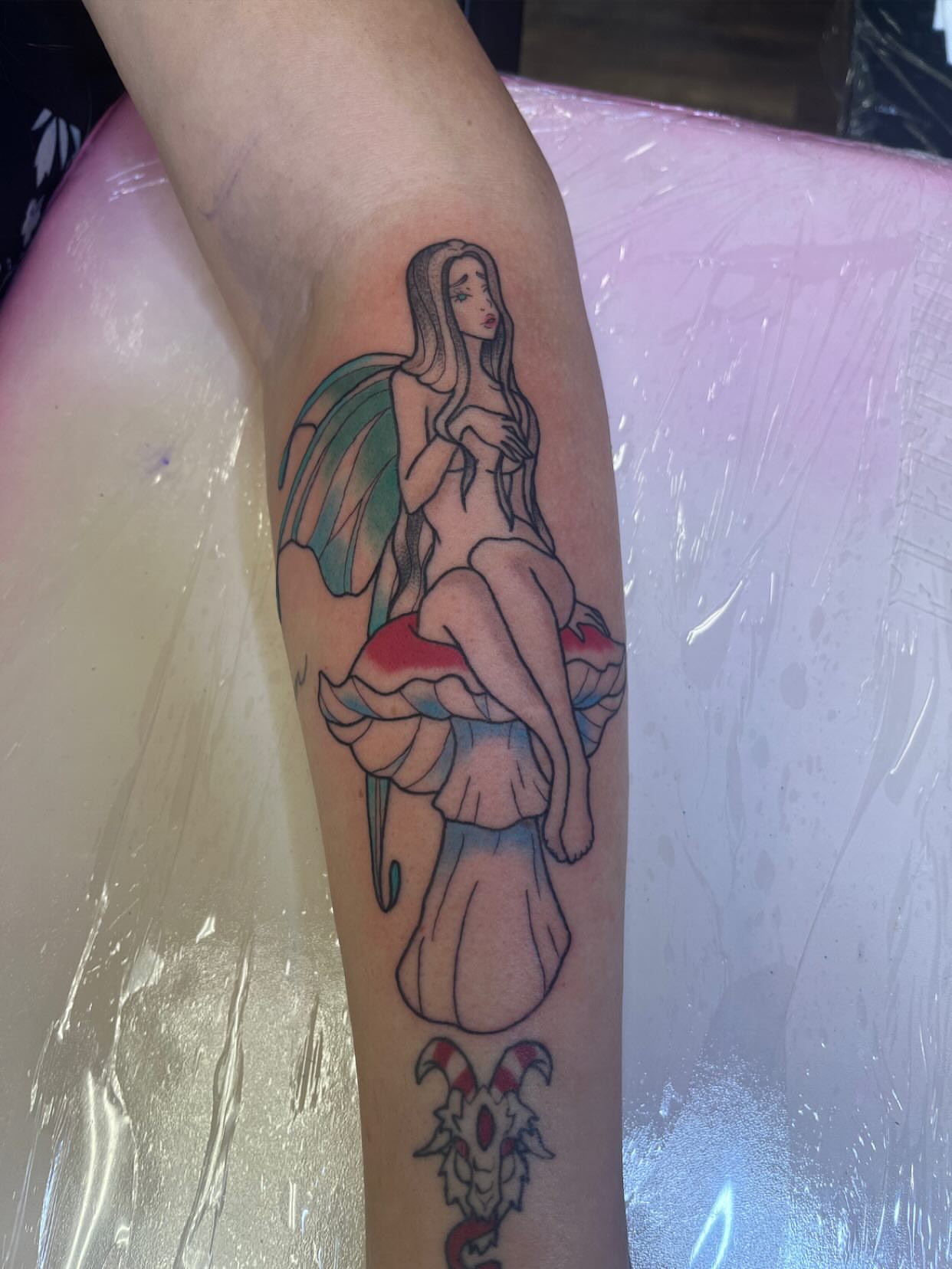 Woman on mushroom new school tattoo on the forearm by 🌸Lilac🌸