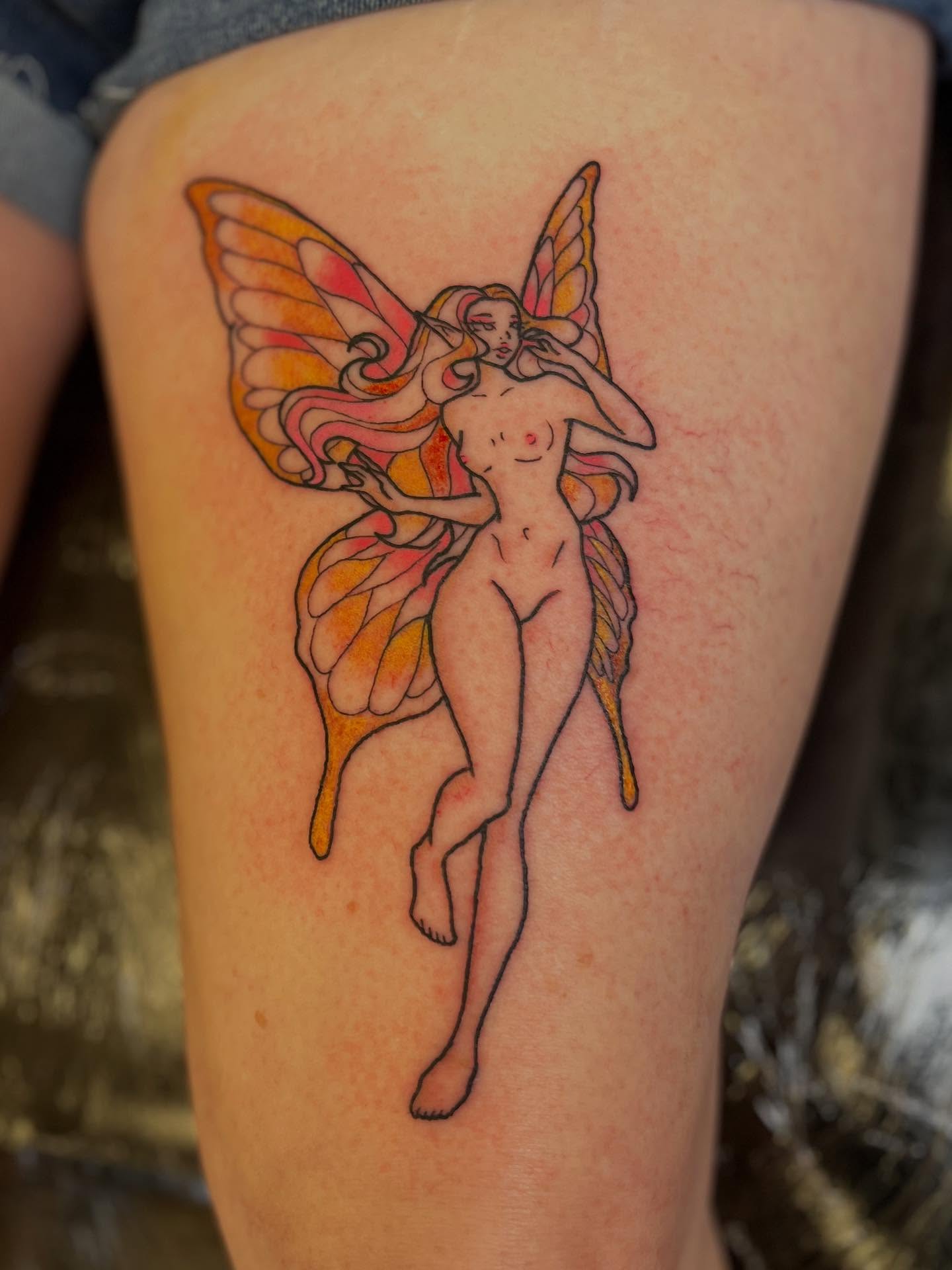 Fairy with butterfly wings neo-traditional tattoo on the thigh by 🌸Lilac🌸