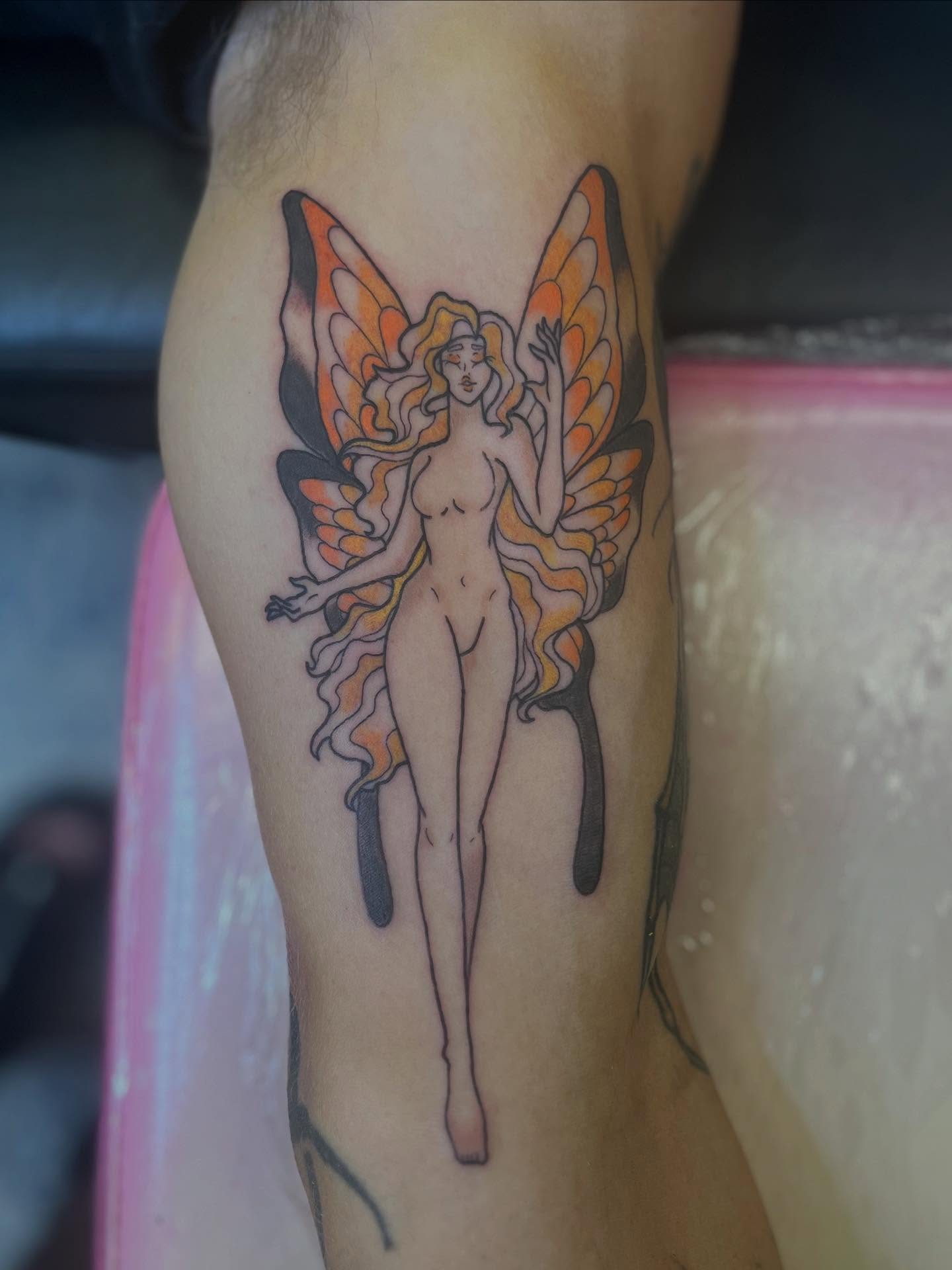 Fairy new school tattoo on the thigh by 🌸Lilac🌸