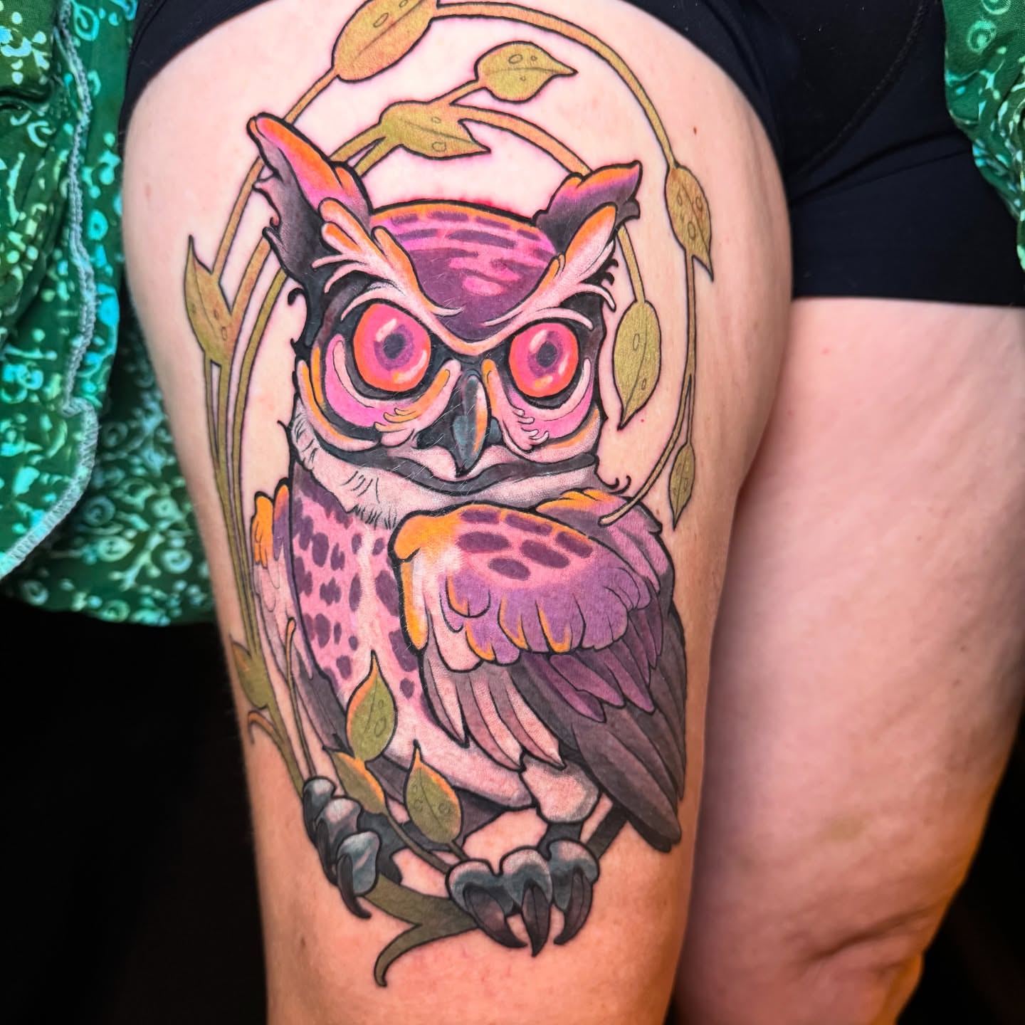 Owl new school tattoo on the thigh by Steve Gentile Tattoos