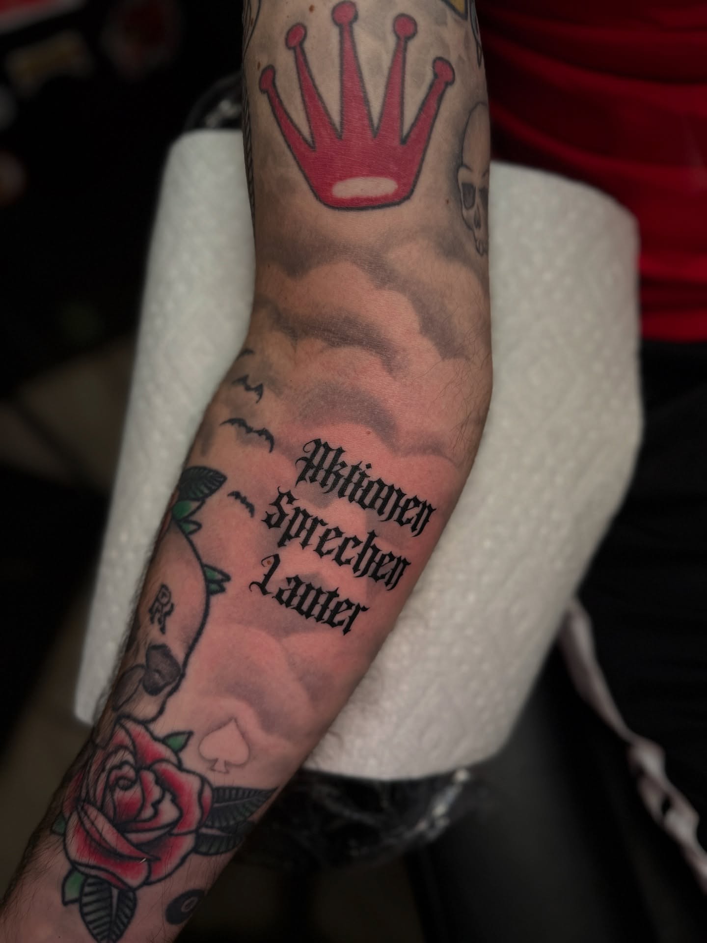 German phrase black and grey tattoo on the forearm by Preston-NJ Tattoo Artist