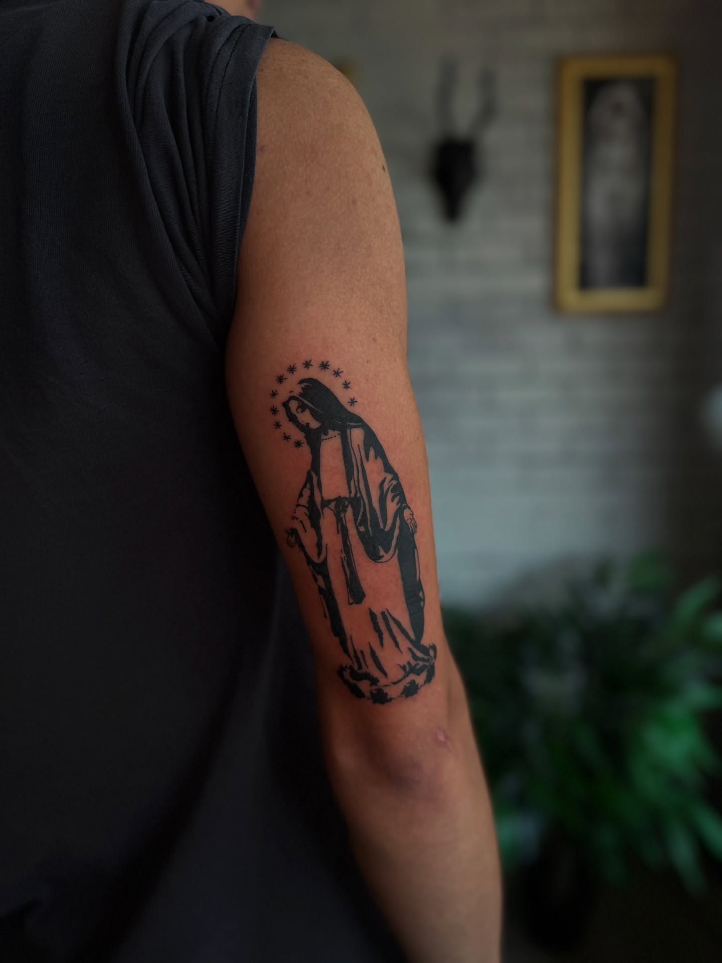 Virgin mary black and grey tattoo on the forearm by Preston-NJ Tattoo Artist
