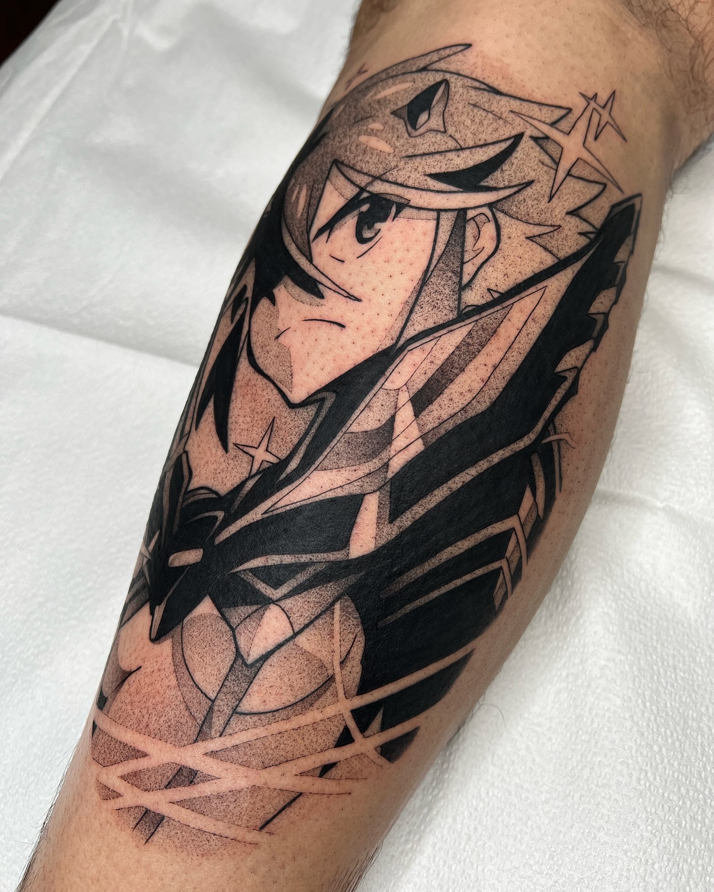 Anime character dotwork tattoo on the forearm by Z, Greenville, South Carolina