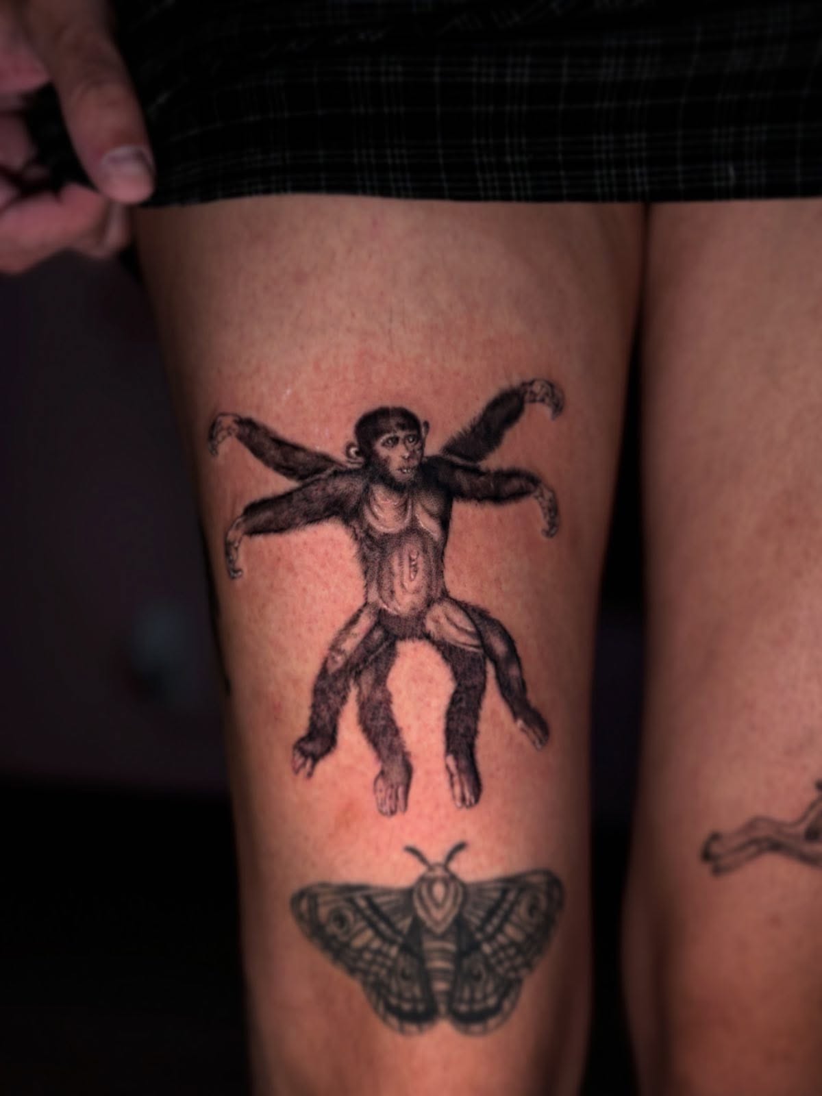 Monkey with wings black and grey tattoo on the thigh by ★𝔗𝔞𝔱𝔱𝔬𝔬𝔰 𝔟𝔶 𝔗𝔢𝔞𝔙𝔞𝔫𝔊𝔬𝔤𝔥 ★