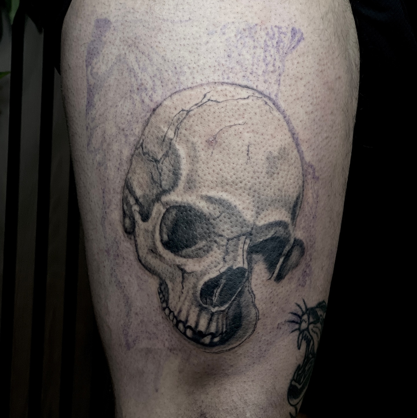 Skull dotwork tattoo on the thigh by Romi Utah Tattoo