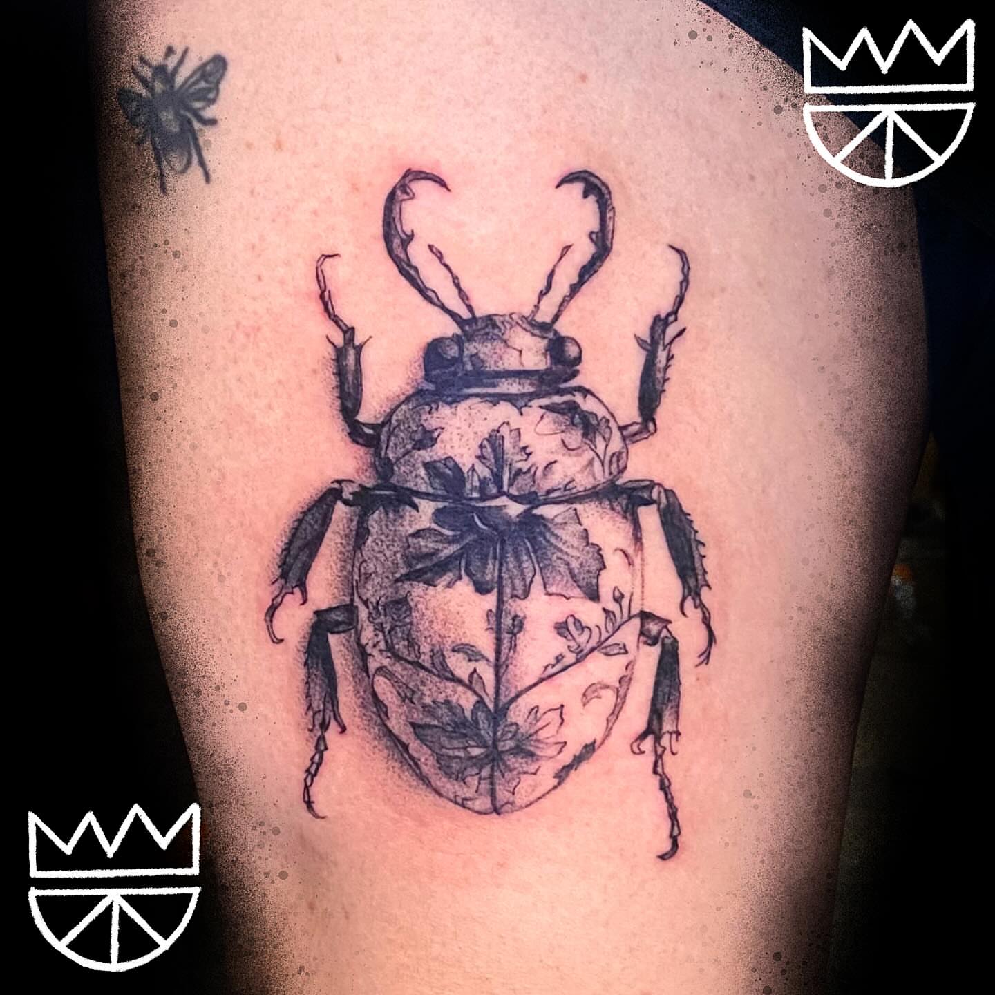 Beetle dotwork tattoo on the thigh by Prncjordn, Stallings, North Carolina