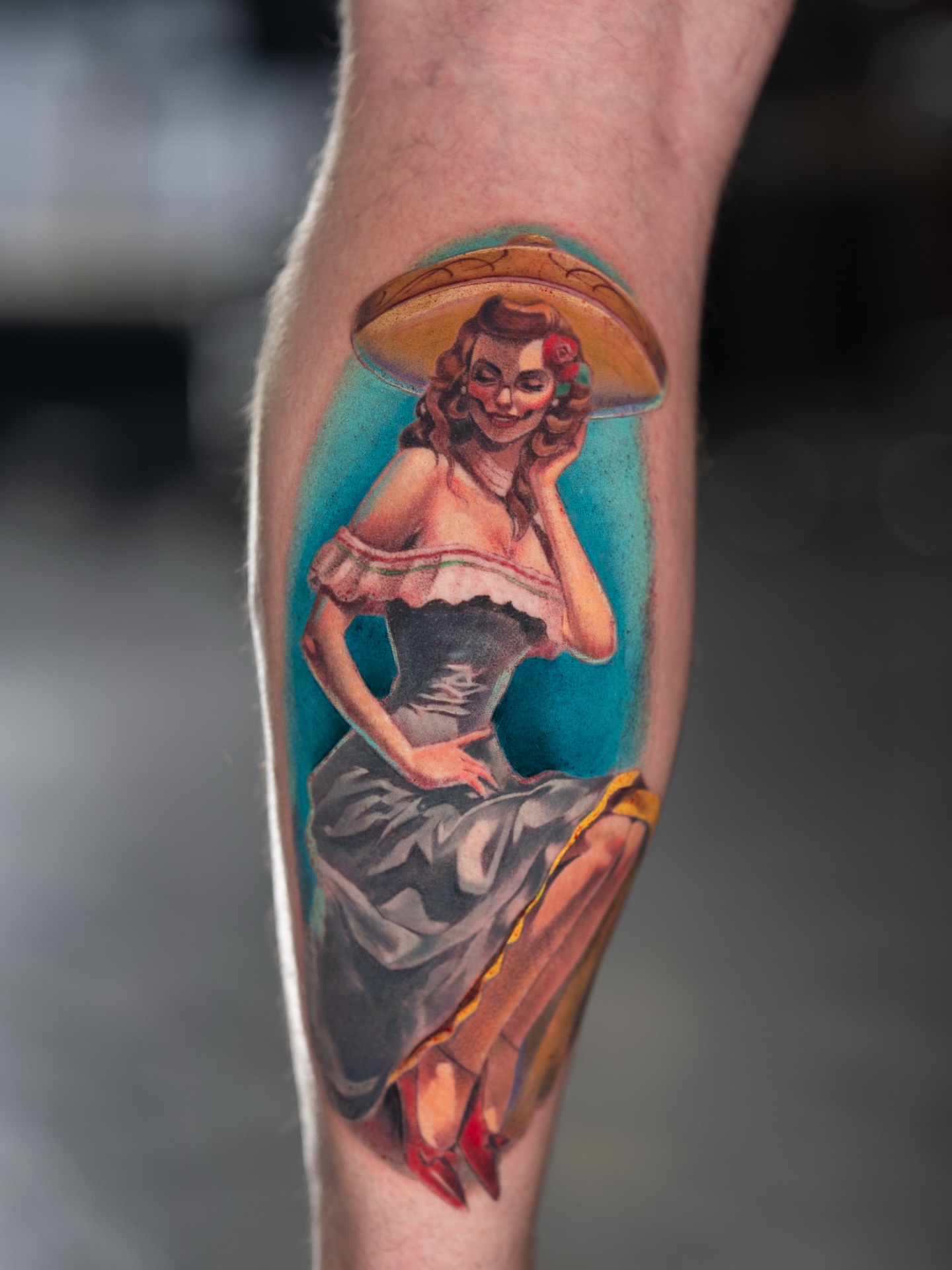 Woman wearing sombrero American traditional tattoo on the forearm by Joey Hella Tattoo Artist